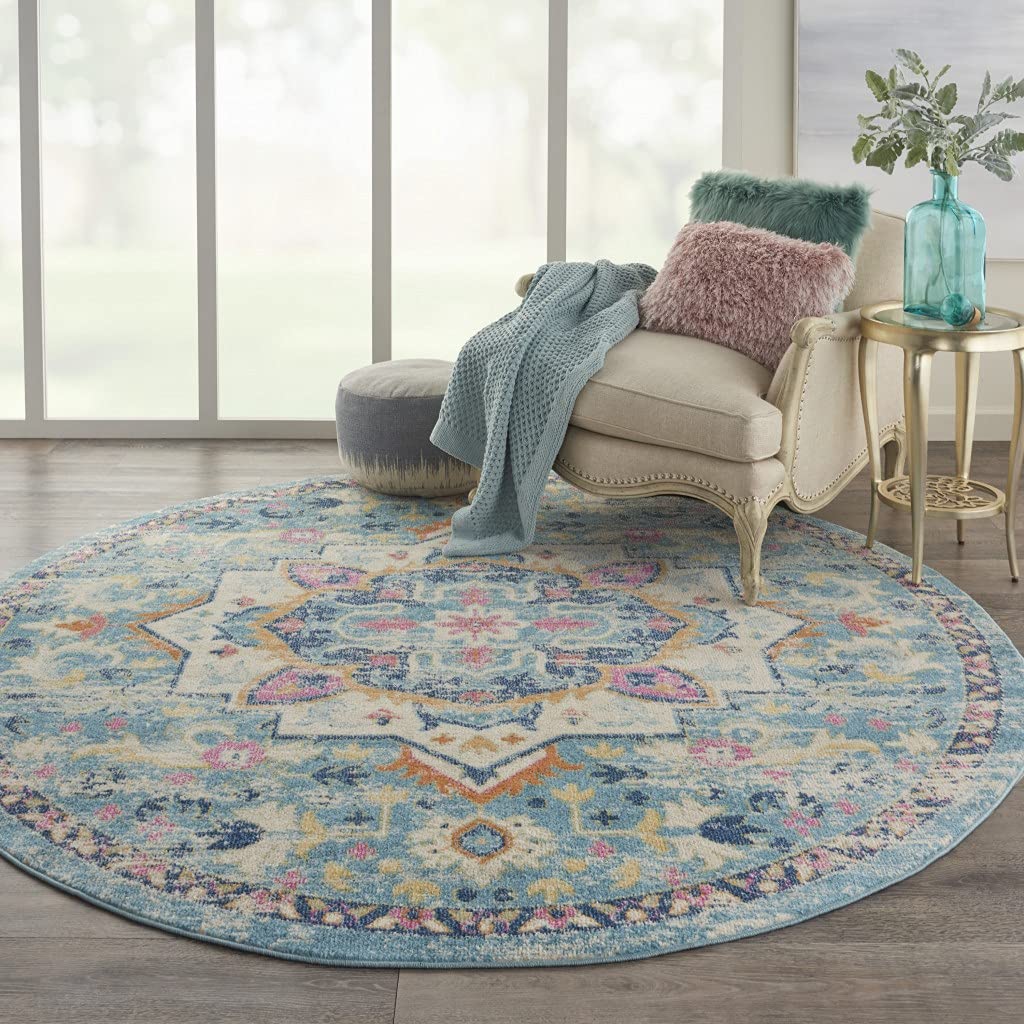 HomeRoots Ivory/Light Blue 100% Polypropylene 8’ Round Light Blue and Ivory Distressed Area Rug