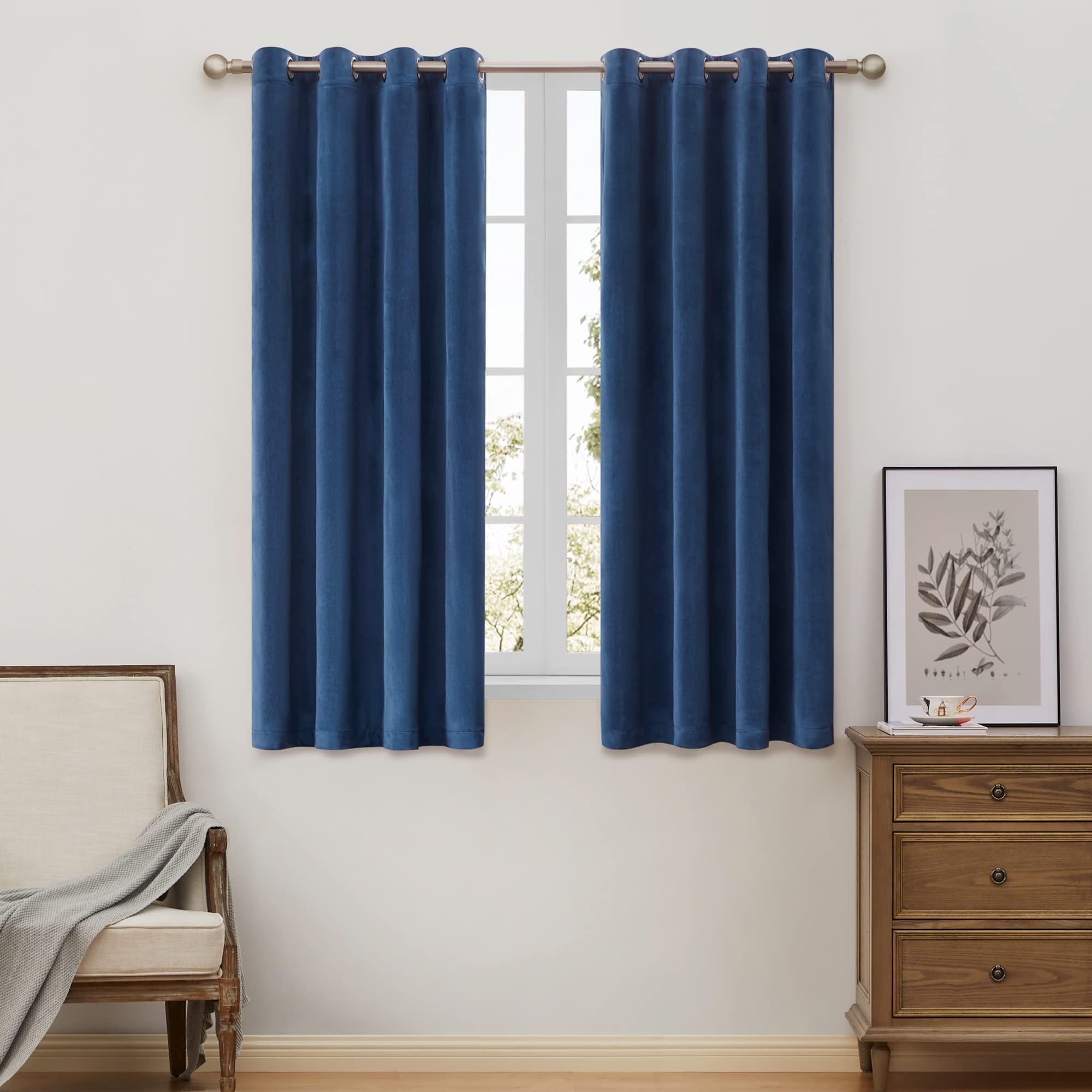 Bulbul Navy Blue 2 Panels Velvet Curtains 63 Inch Length- Living Room Blackout Window Drapes Curtains Thermal Insulated Room Dar