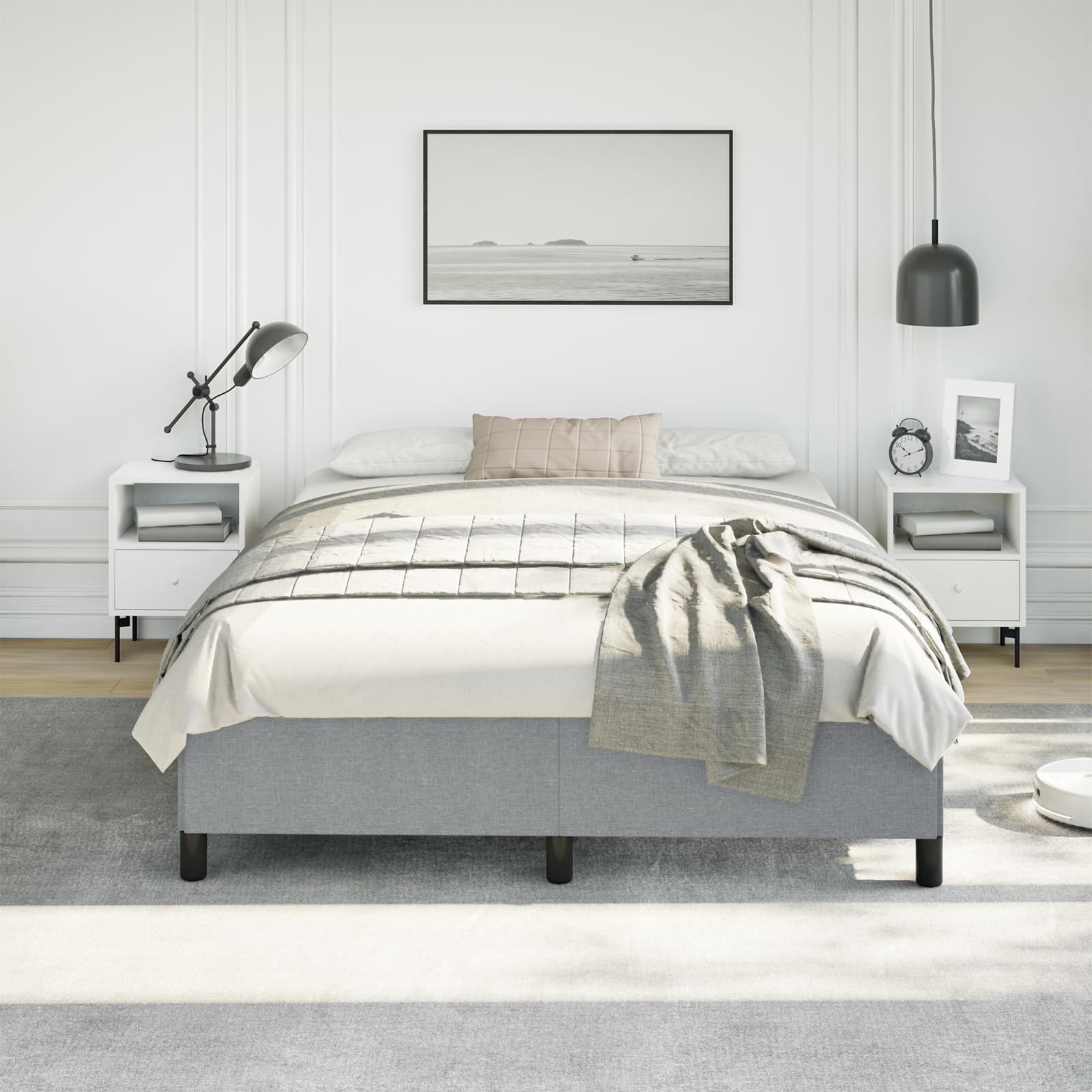 vidaXL Queen Size Bed Frame with Plywood Slats, Platform Bed Frame, Fabric Upholstered Mattress Foundation, No Box Spring Needed & Easy Assembly, Light Gray, Without Mattress