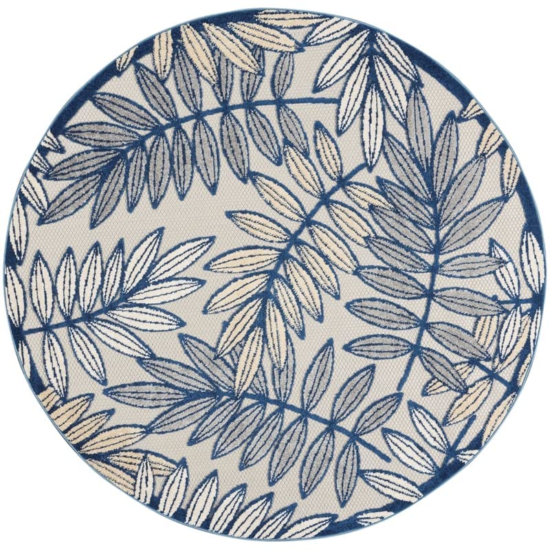 Nourison Aloha Indoor/Outdoor Ivory/Navy 4' X Round Area Rug, Tropical, Botanical, Easy Cleaning, Non Shedding, Bed Room, Kitche