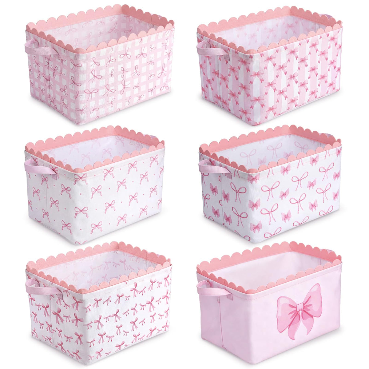CHENGU 6 Pcs Pink Bow Storage Basket Collapsible Scalloped Storage Bin