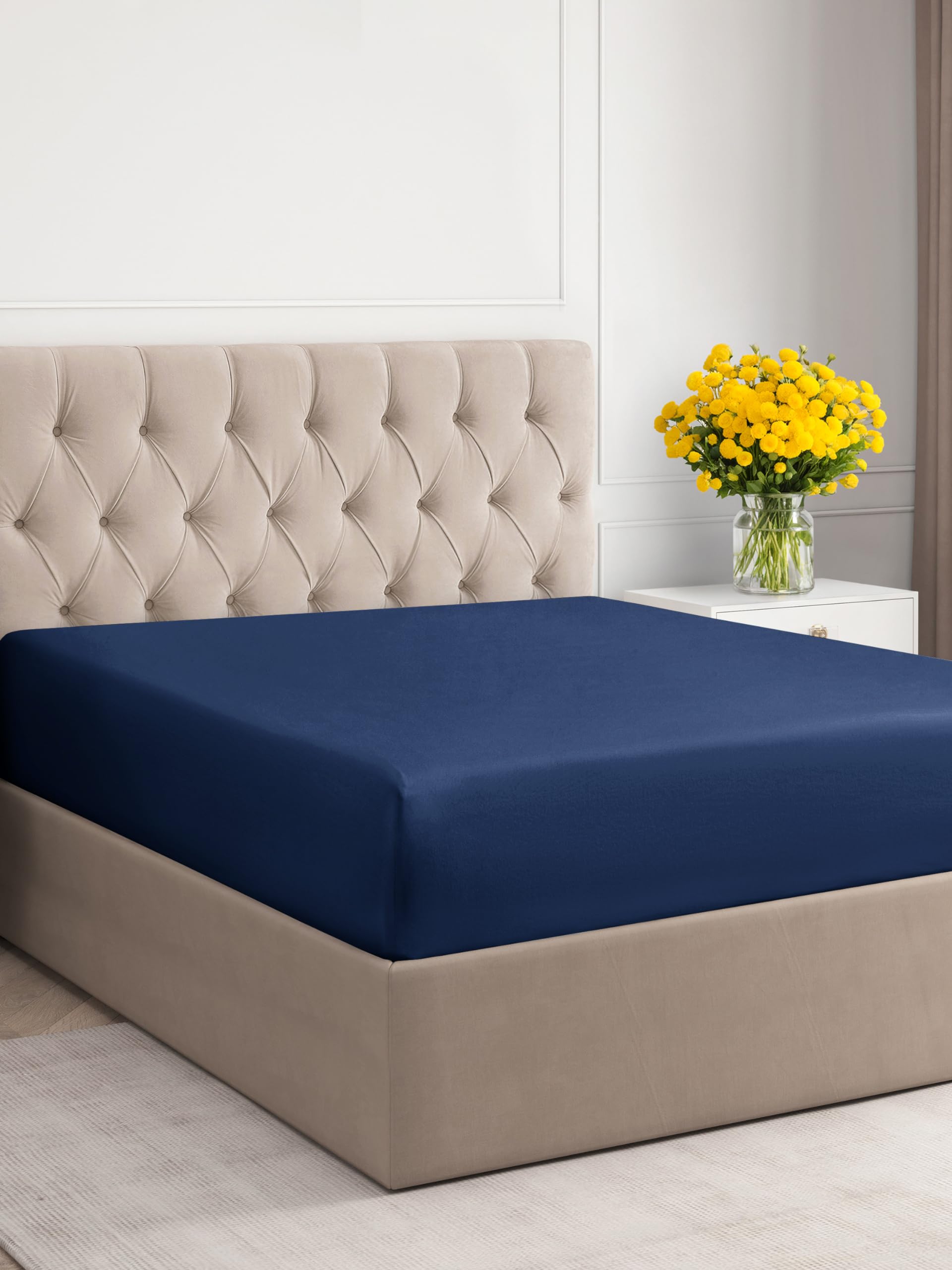 King Fitted Bed Sheet - Hotel Luxury & Cooling Single Fitted Sheet Only - Easily Fits Mattress Up To 16 Inches Perfectly - Soft, Wrinkle Free, Breathable & Comfy Navy Blue Single Fitted Bed Sheet