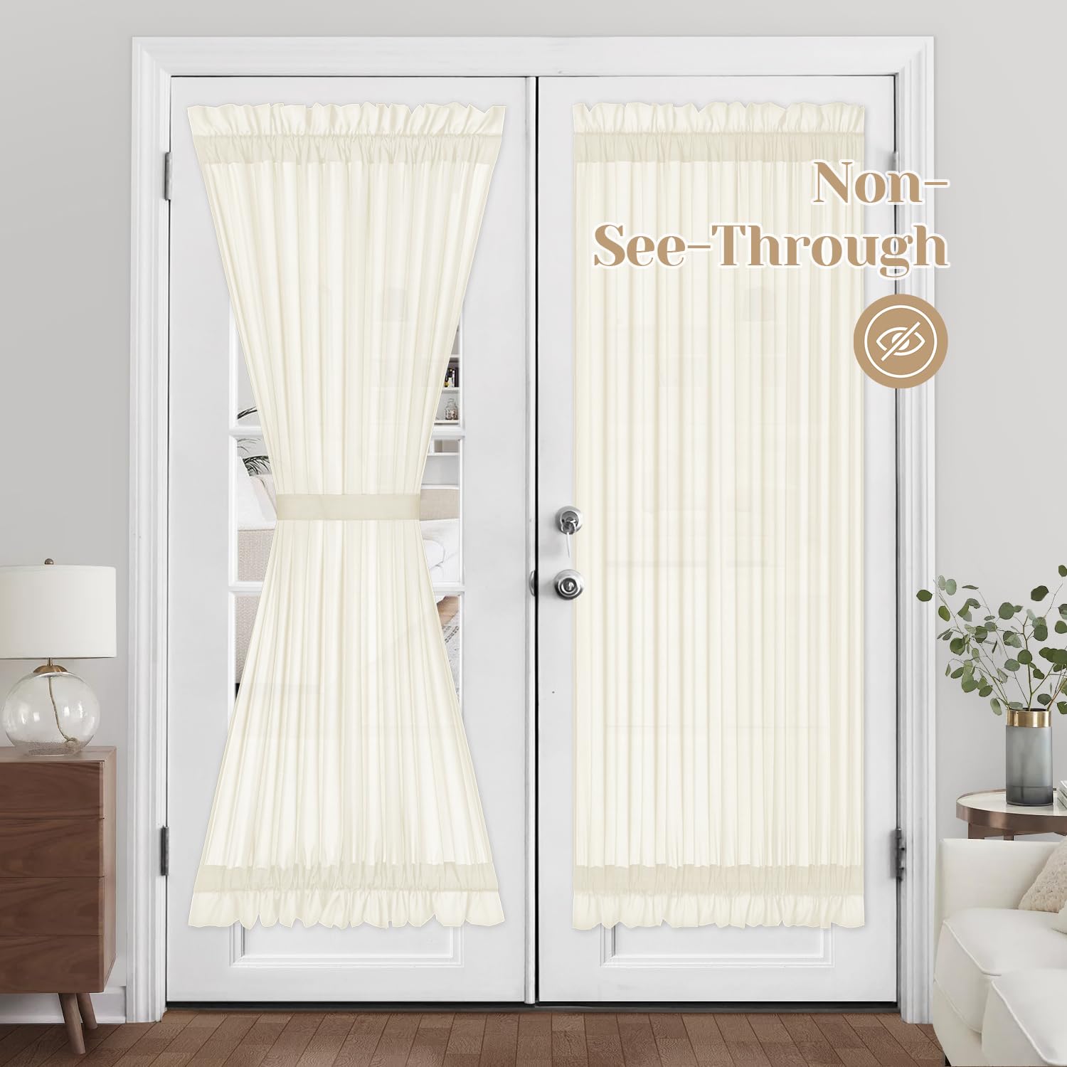 Homeideas Non-See-Through French Door Curtains For Front Door, Privacy Semi Sheer Door Window Curtains, Rod Pocket Light Filtering Door Covering With Tieback, (1 Panel, Cream Beige, 54W X 72L)