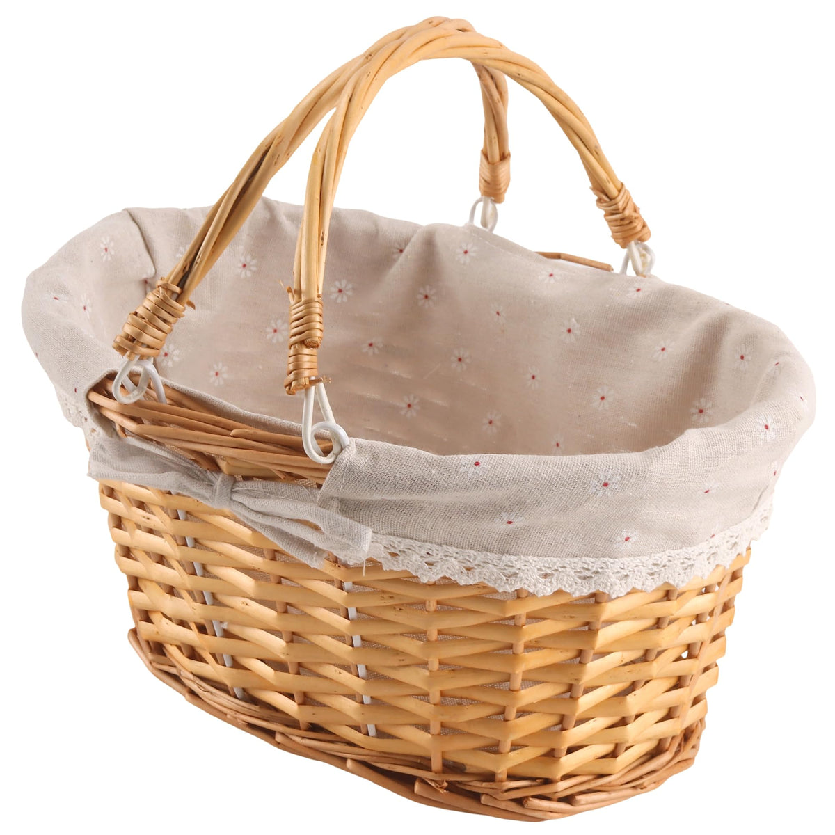 MANCHAP 1 Pack 14.5 x 11 x 6.7 Inch Oval Wicker Basket with Handle, Brown Willow, Linen Cloth Lining, for Snack, Candy, Gift