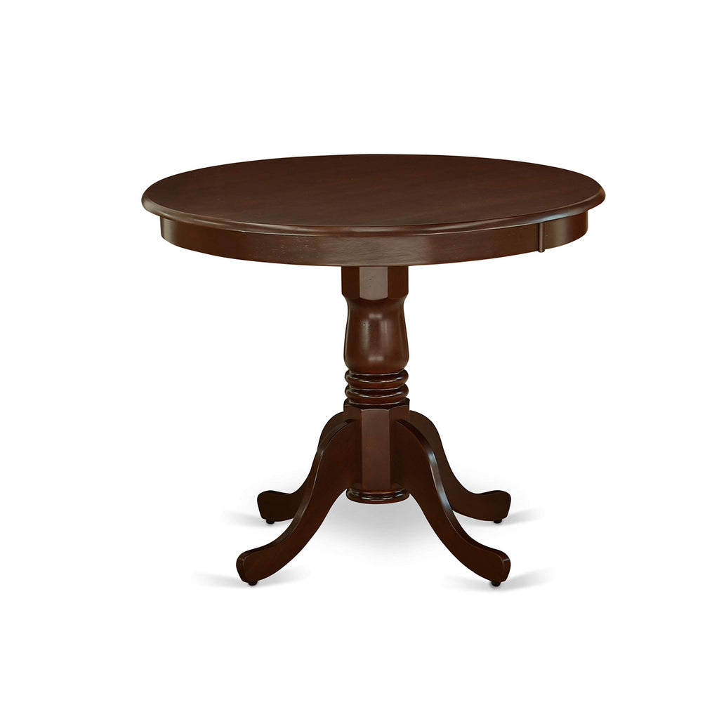 East West Furniture Anab3-Mah-18 3 Piece Modern Dining Table Set Contains A Round Kitchen Table With Pedestal And 2 Coffee Linen Fabric Parson Dining Chairs, 36X36 Inch, Mahogany