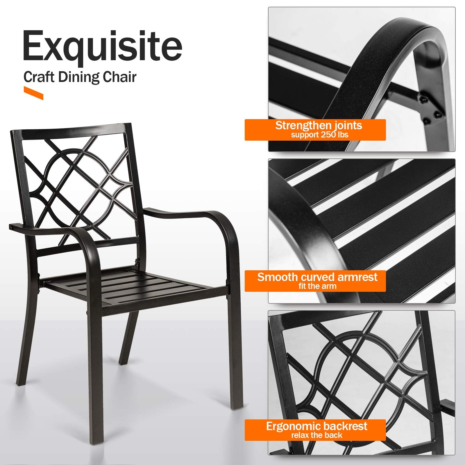 Suncrown 2 Pieces Wrought Iron Black Chairs 300 Lbs Outdoor Dining Chairs, Patio Metal Stackable Chair With Armrest For Backyard, Garden, Poolside