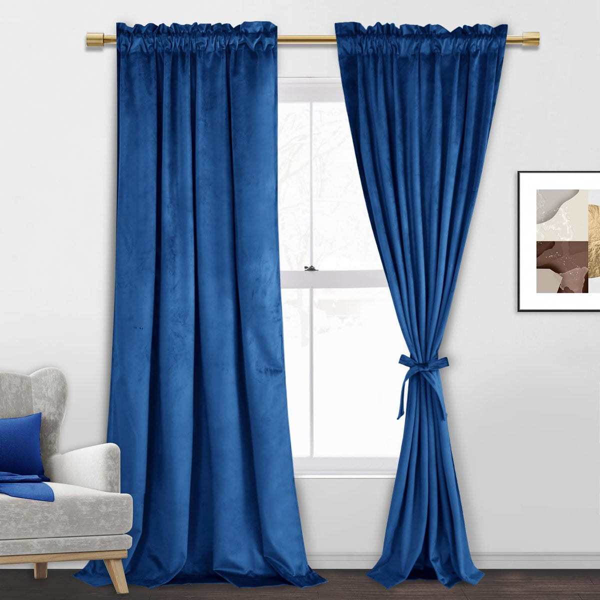 Jiuzhen Blue Velvet Curtains 84 Inches For Living Room - Privacy Protect Room Darkening Rod Pocket Thick Velvet Window Drapes Fo