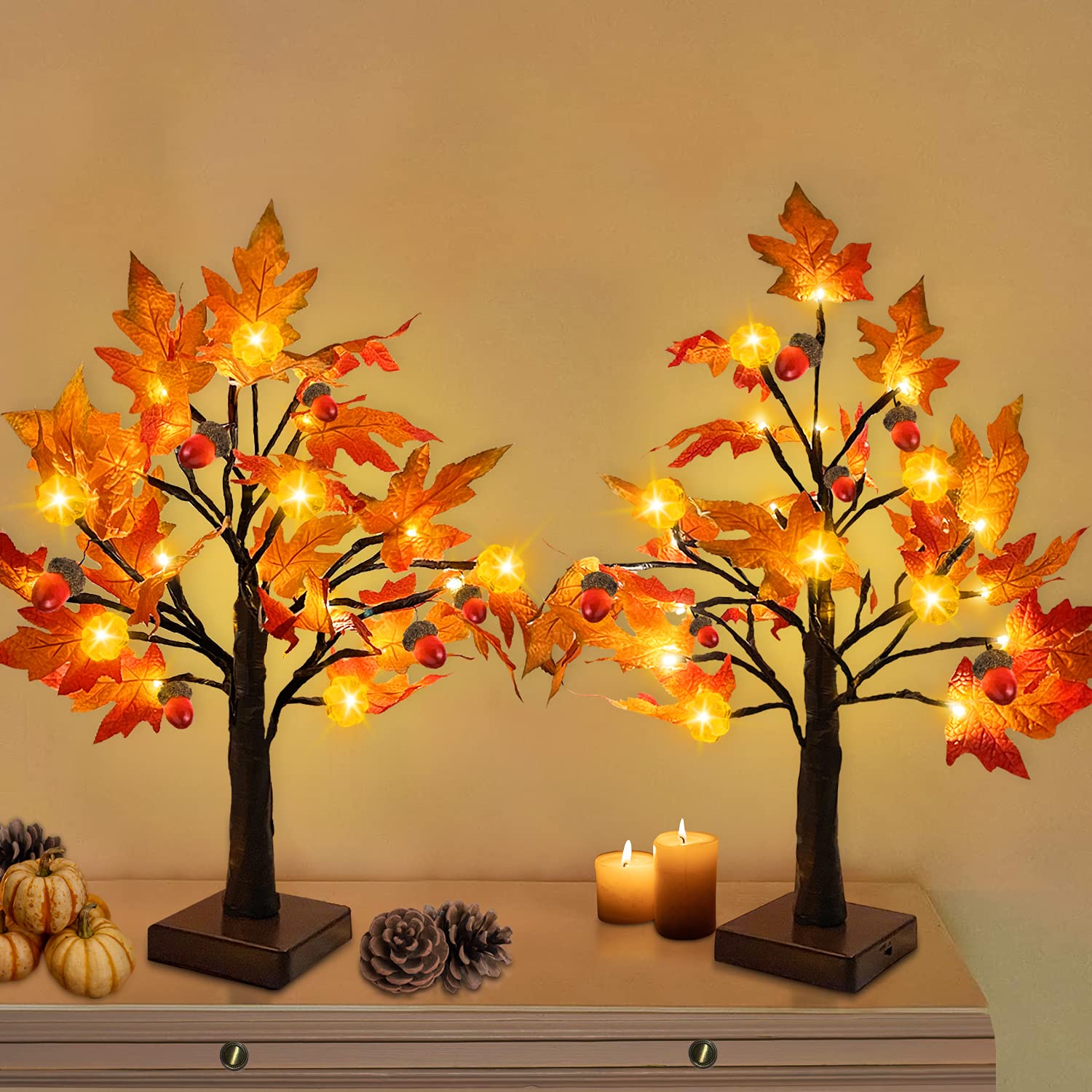 TURNMEON 2 Pack 18 Inch Prelit Fall Maple Tree Thanksgiving Decorations with 48 LEDs Timer Battery Operated Lighted Pumpkins 6 A