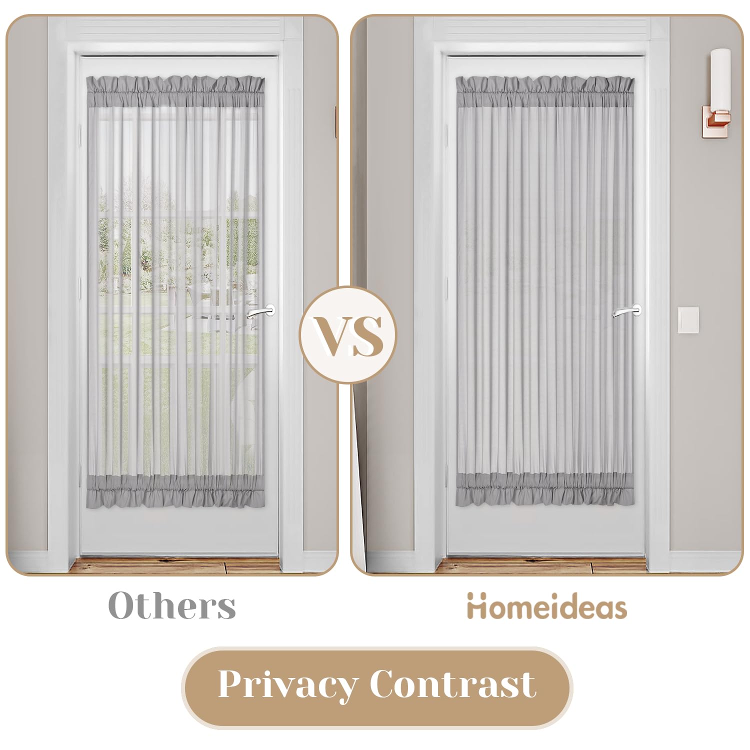 Homeideas Non-See-Through French Door Curtains Set Of 2 For Front Door, Privacy Semi Sheer Door Window Curtains, Rod Pocket Light Filtering Door Covering With Tieback, (Light Grey, 54W X 72L)