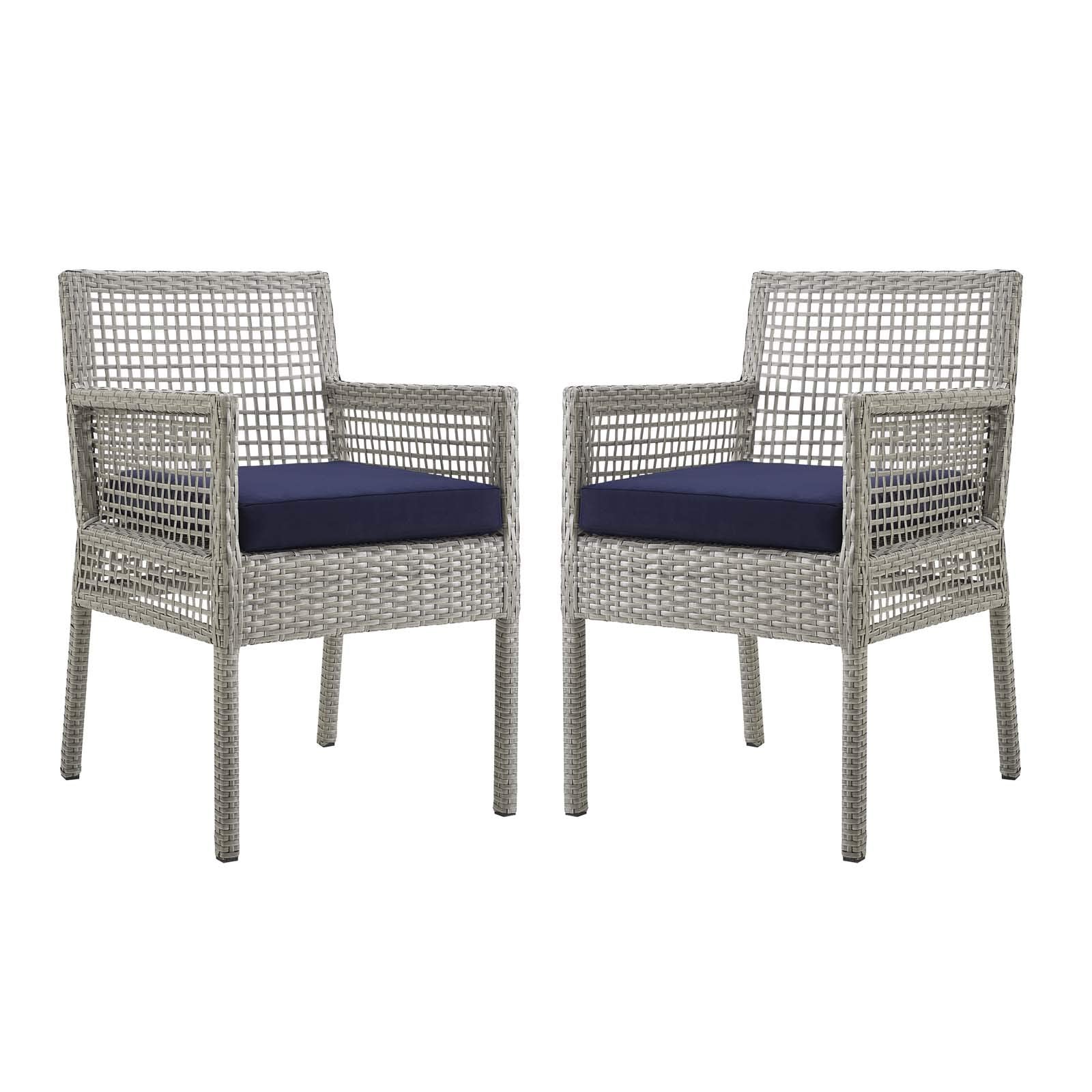 Modway Aura Wicker Rattan Outdoor Patio Two Dining Arm Chairs In Gray Navy