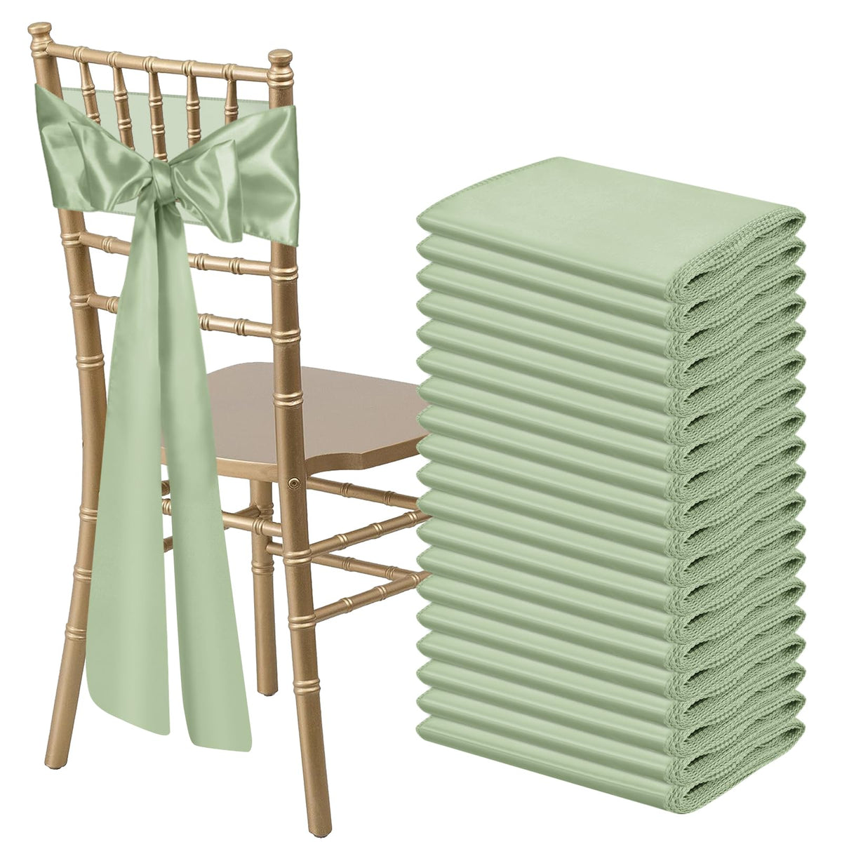 Bouiexye 50 Pcs Sage Green Satin Chair Sashes Bows Universal Chair Ribbon Ties Back Sash For Wedding Party Reception Events Banq
