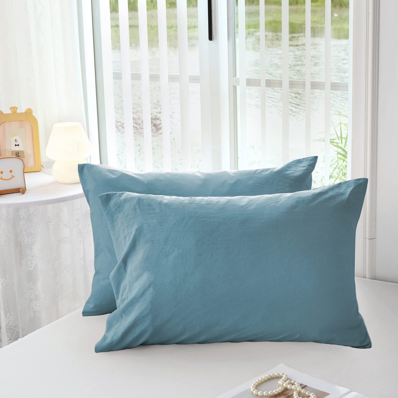 Mildly Super Soft Pillowcase - Washed Microfiber Lightweight Pillow Cases King Size Blue 2 Count, Easy Care And Fade Resistant S