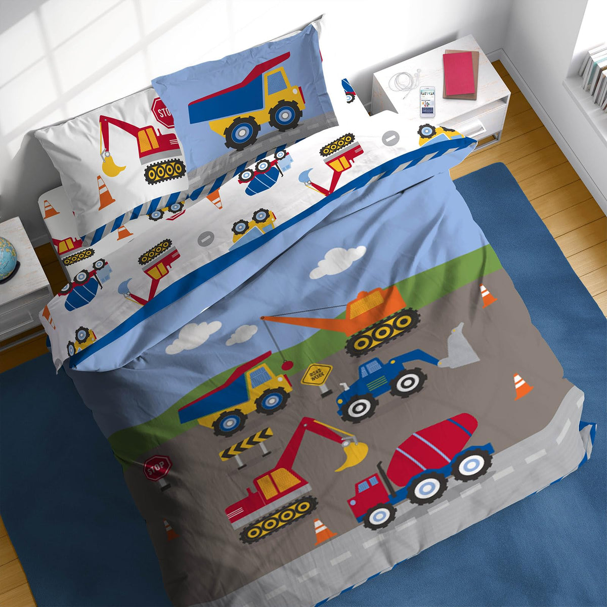 Sunny Side Up Construction Zone Full Comforter Set - 7 Piece Kids Bedding Includes Comforter, Sheets & Pillow Cover - Super Soft