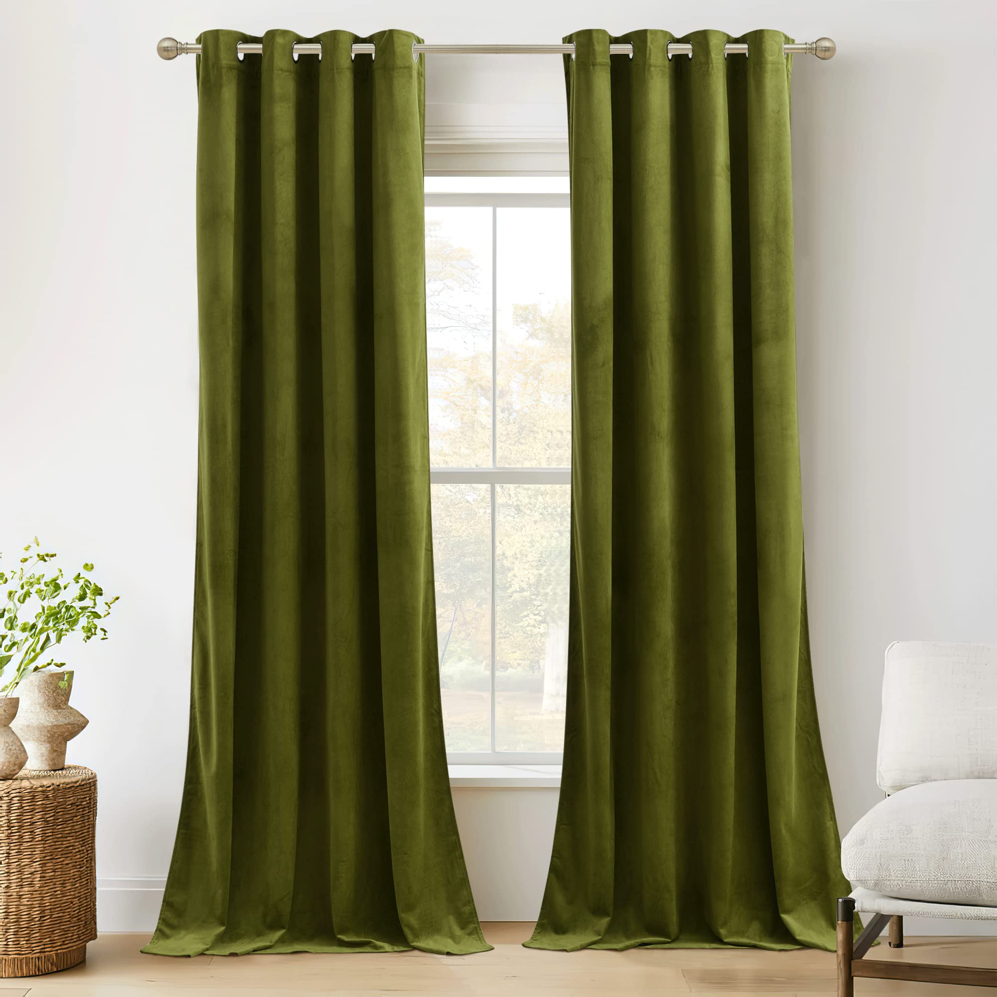 Ryb Home Moss Green Velvet Curtains 84 Inches, Thermal Insulated Room Darkening Window Decor For Playroom Nursery Privacy Drapes