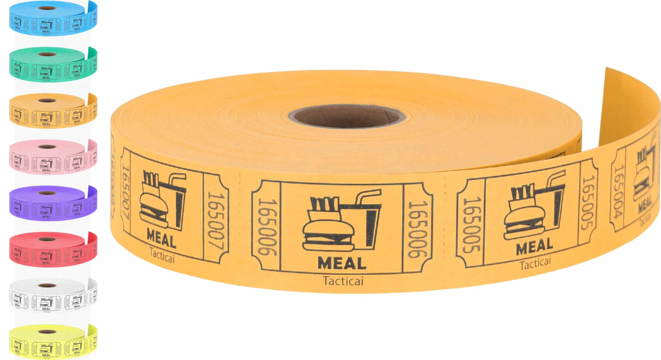 Tacticai 1000 Raffle Tickets, Meal, Orange (8 Color Selection), Single Roll, Ticket For Events, Food, Class Reward, Fundraiser &