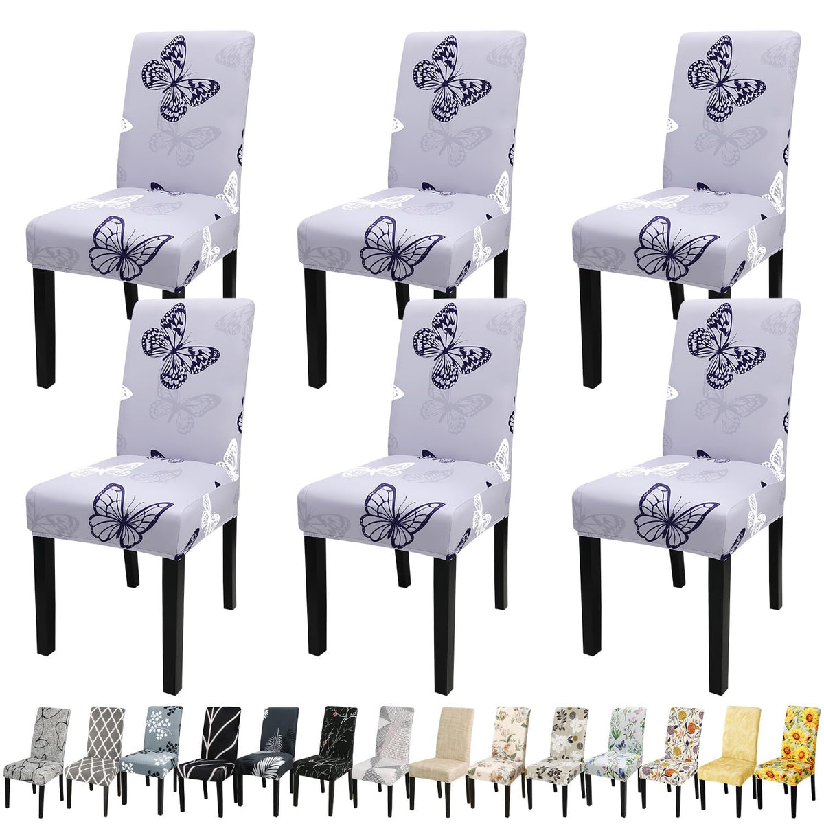 Jqinhome Pattern Chair Covers For Dining Room Set Of 6, High Stretch Removable Washable Parsons Chair Slipcover For Home Party Hotel Wedding Ceremony (Grey Butterfly,6Pcs)