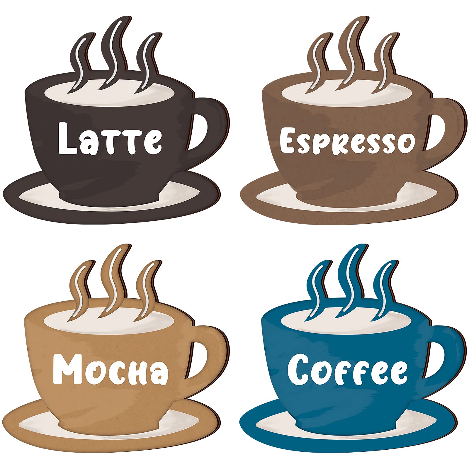 4 Pieces Coffee Wooden Wall Art Decor Coffee Cup Wooden Wall Sign Latte Coffee Espresso Mocha Wood Sign Vintage Coffee Bar Wall 