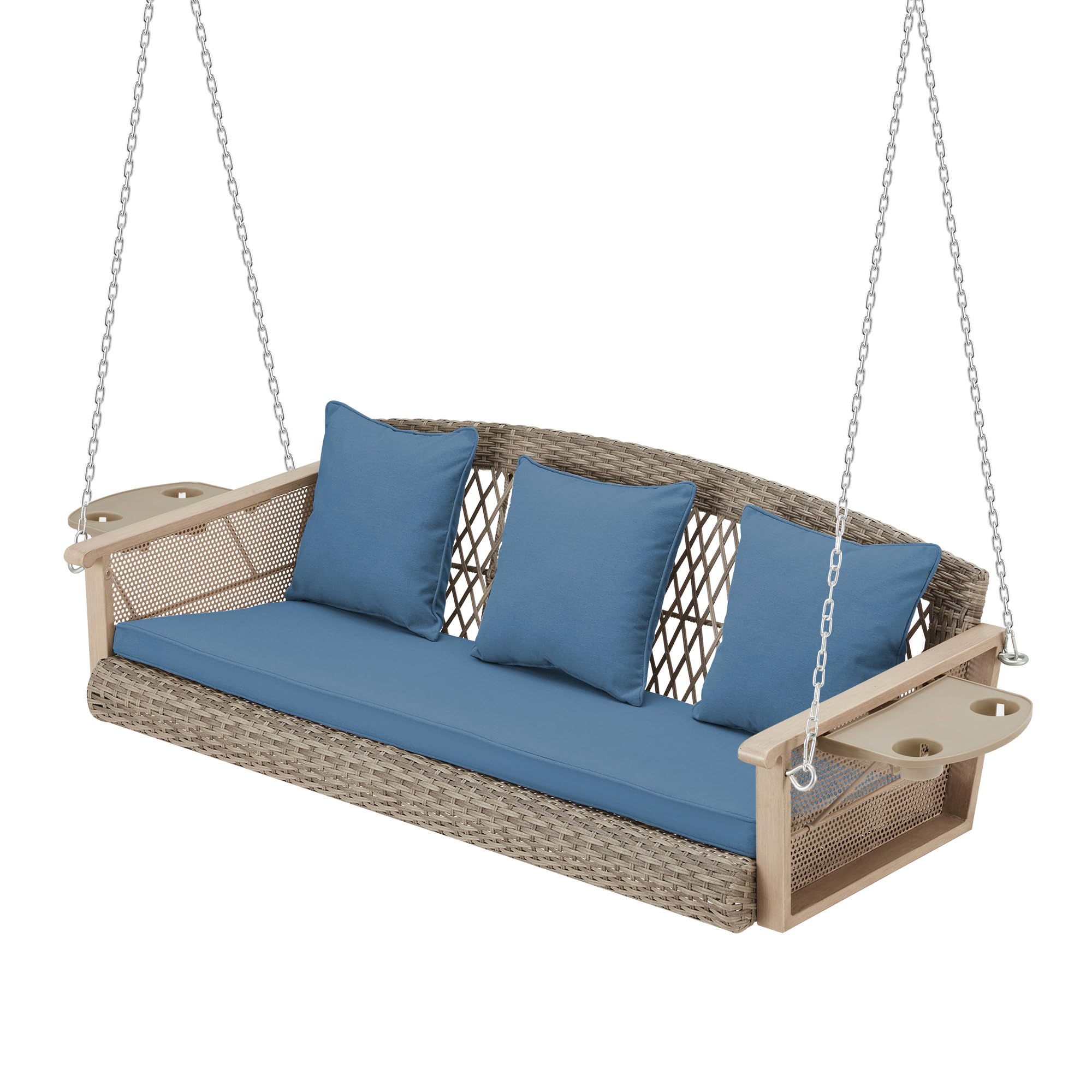 Homrest 3-Person Wicker Porch Swing With Upgraded Cup Holder, 55 Inch Patio Hanging Swing Bench Chair With Cushions 900Lbs Capacity Chains For Deck Garden Backyard (Blue)