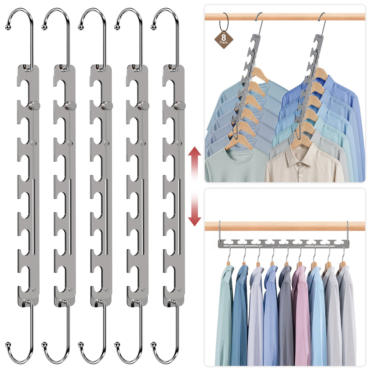 8 Pack Space Saving Hangers for Clothes, 6 to 9 Holes Expandable Heavy Duty Metal Hangers 80 Lbs Capacity, Magic Smart Hanger Cl