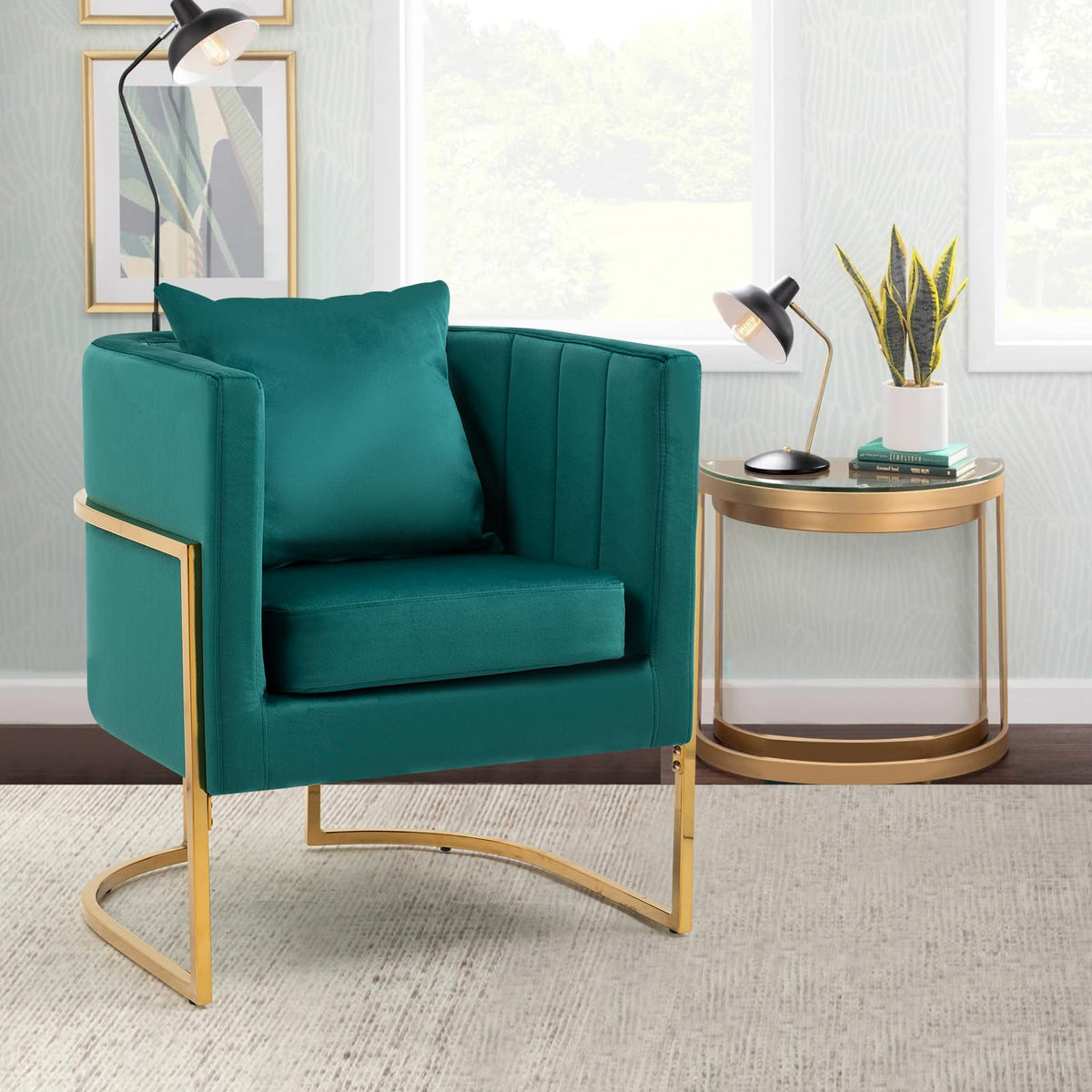 Newnno Velvet Modern Accent Chair, Upholstered Barrel Armchair Mid Century With Pillow For Living Room, Comfy Single Vnaity Chai