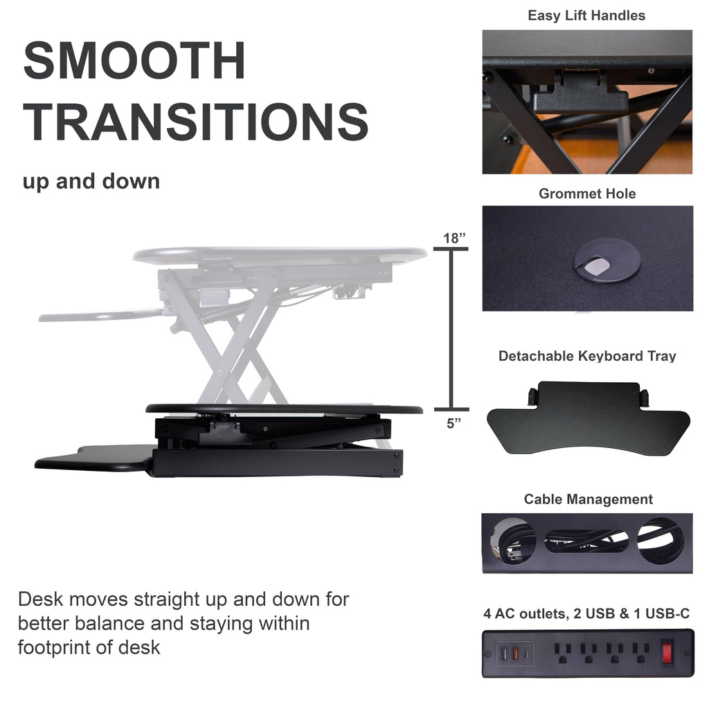 Rocelco 46" Height Adjustable Corner Standing Desk Converter with AC Outlet and USB Charger - Sit Stand Up Dual Monitor Tabletop Riser Workstation - Large Keyboard Tray - Black (R CADRB-46-ACUSB)