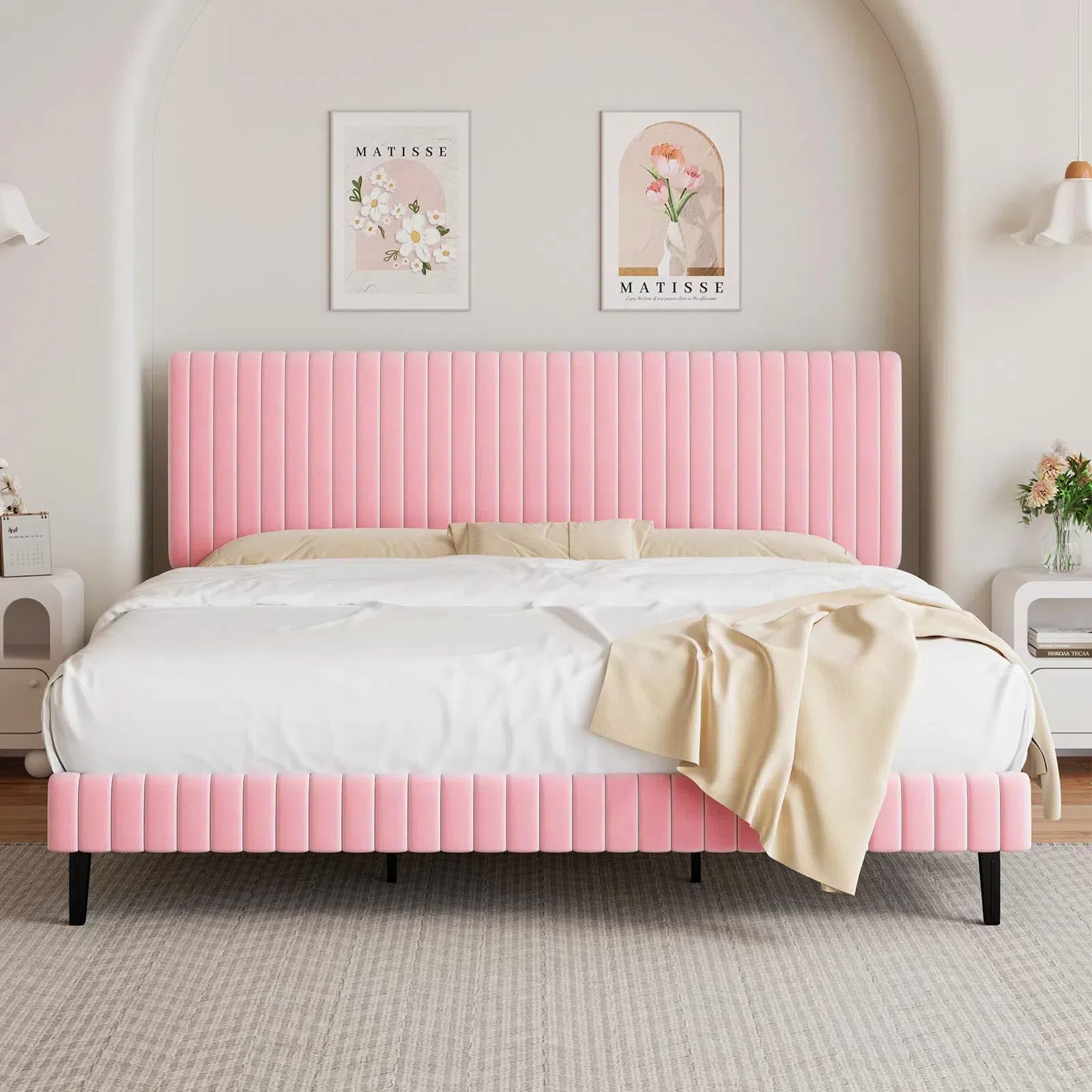 King Size Bed Frame With Headboard, Velvet Upholstered Platform Bed With Vertical Channel Tufted Design, No Box Spring Required,