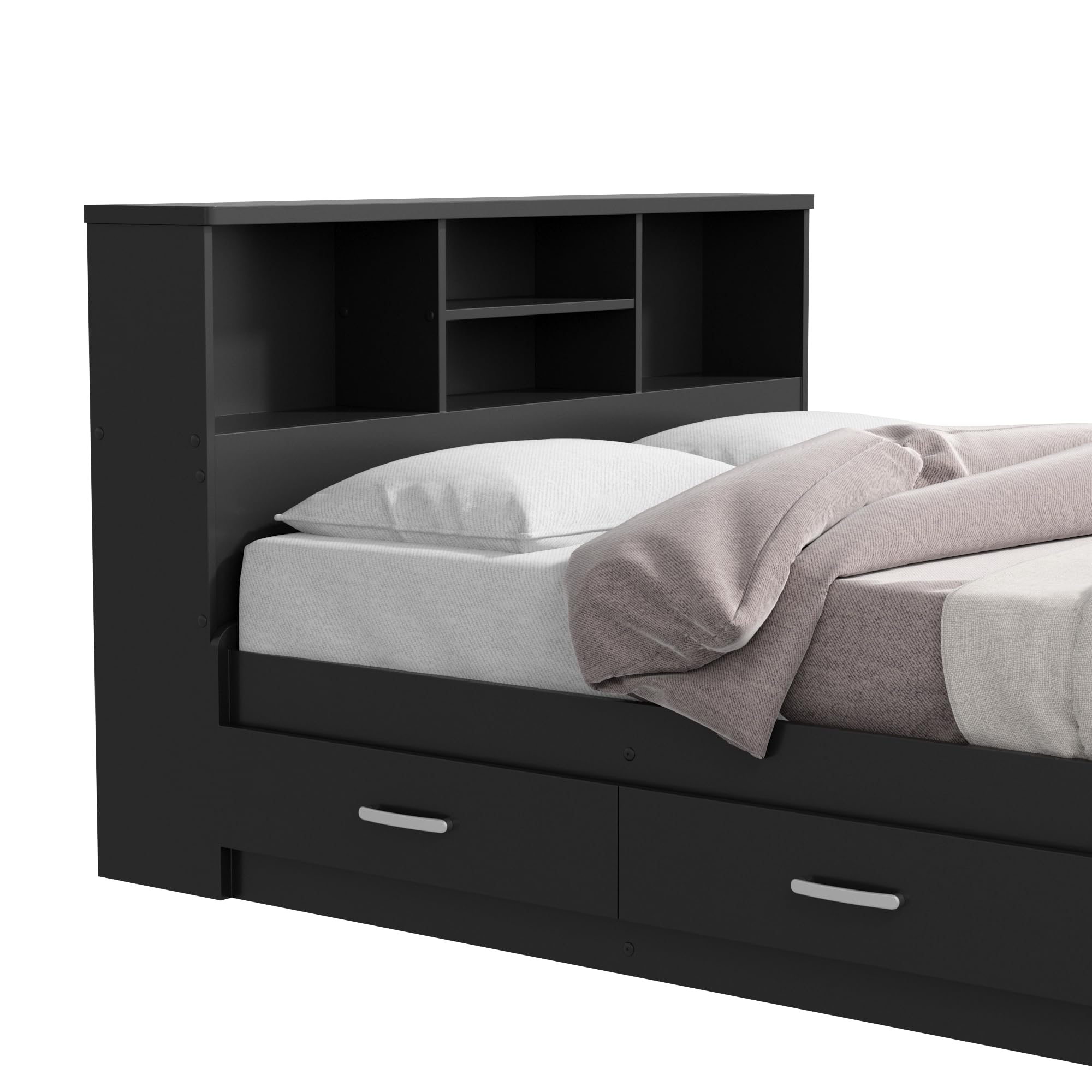 Bed with 3 Drawers and Bookcase Headboard (Black, Full)