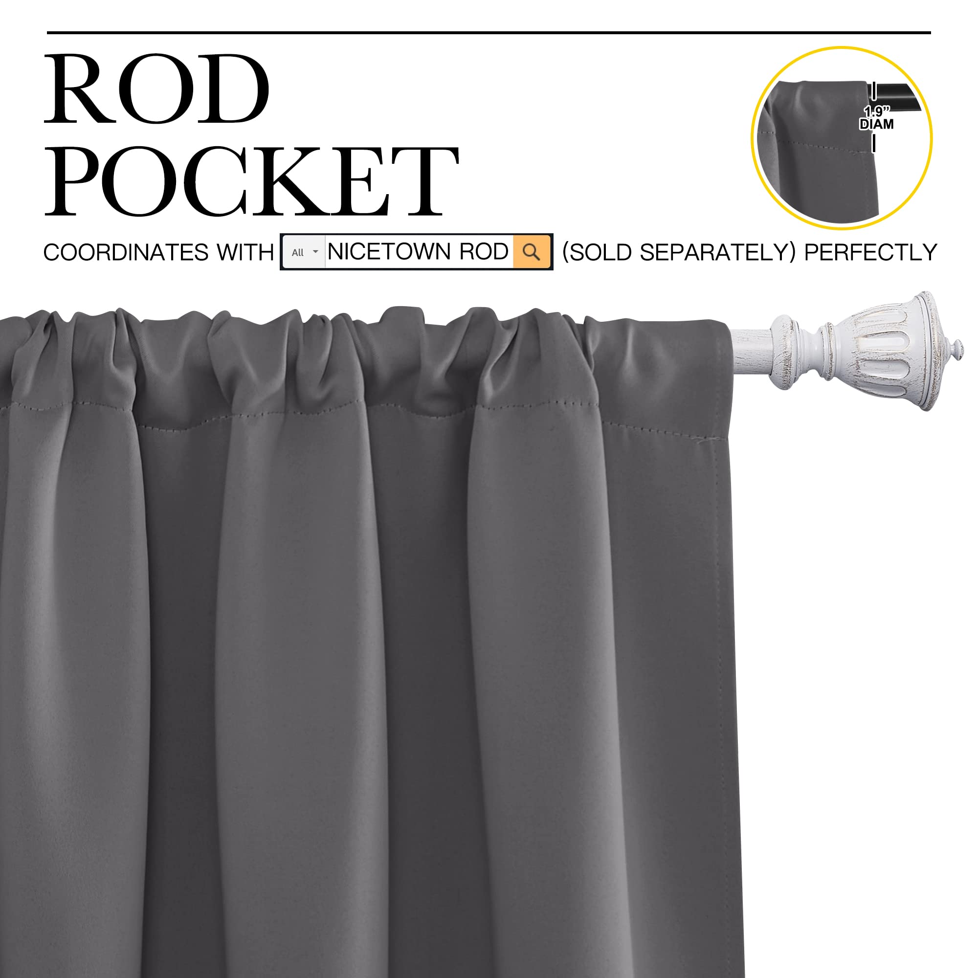 Nicetown Blackout Curtain Panels For Window - Thermal Insulated Rod Pocket Blackout Drapes/Draperies For Dining Room (2 Panels, W70 X L95 Inches, Grey)