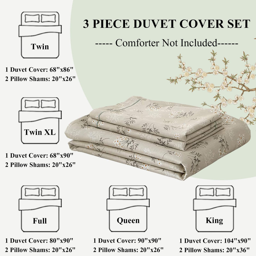 Boho Floral Duvet Cover Twin Kids Girl Garden Style Bedding Sets 100% Cotton White Beige Sage Green Floral Branches Pattern Comf