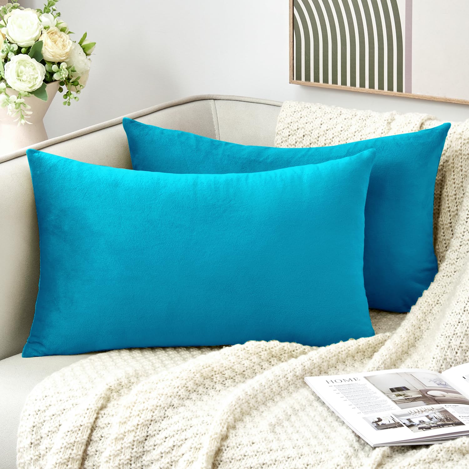 Grineed Throw Pillow Covers Decorative Velvet Set Of 2 12X20 Inch Pillow Covers, Soft Teal Lumbar Pillowcases For Couch Sofa Bed