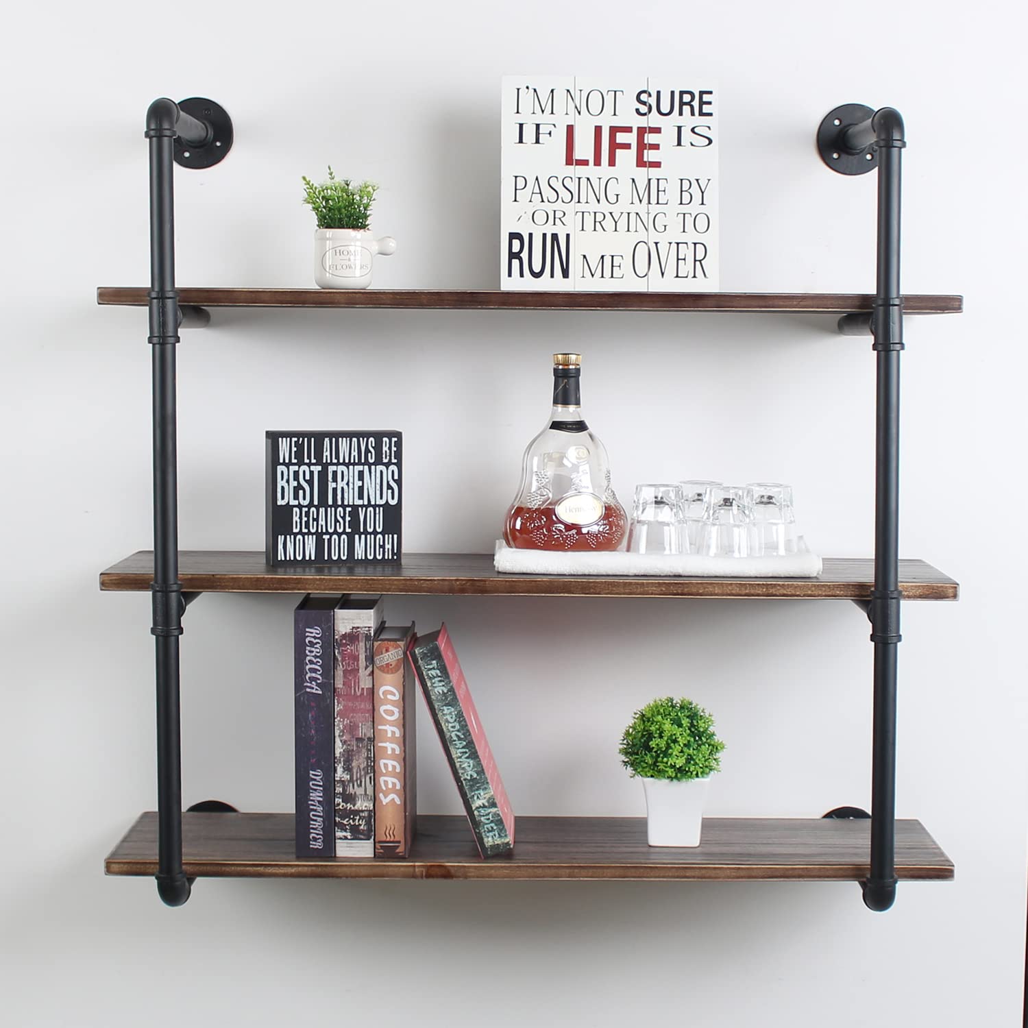 MBQQ Industrial Retro Pipe Shelf 36in 3 Tier Wall Mounted,Rustic Floating Shelves,Farmhouse Kitchen Bar Shelving,Home Decor Book