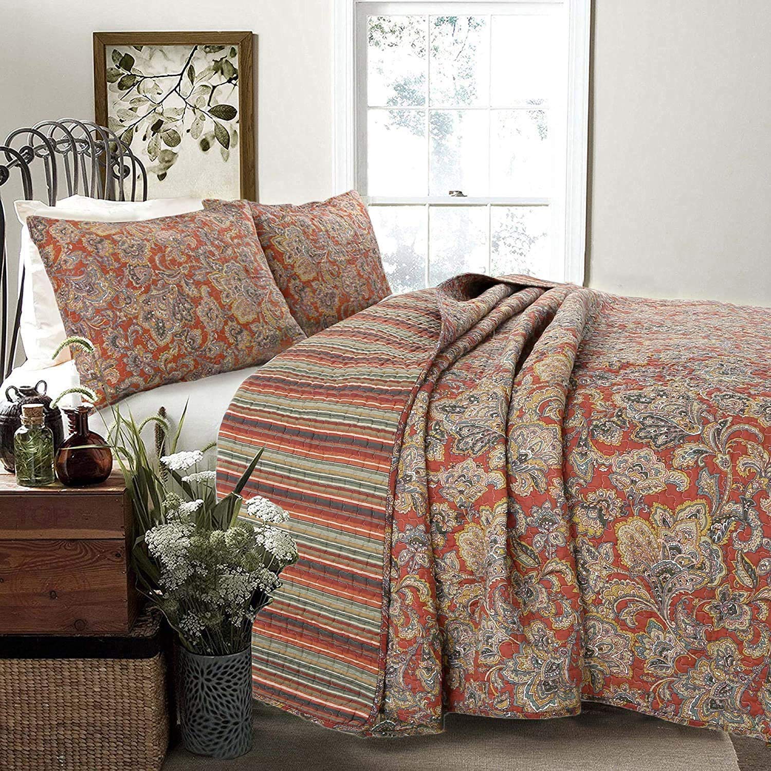 Cozy Line Home Fashions Red Orange Vintage Reversible 100% Cotton 3-Piece Quilt Bedding Set, Coverlet Bedspread (Lara Spice Pais
