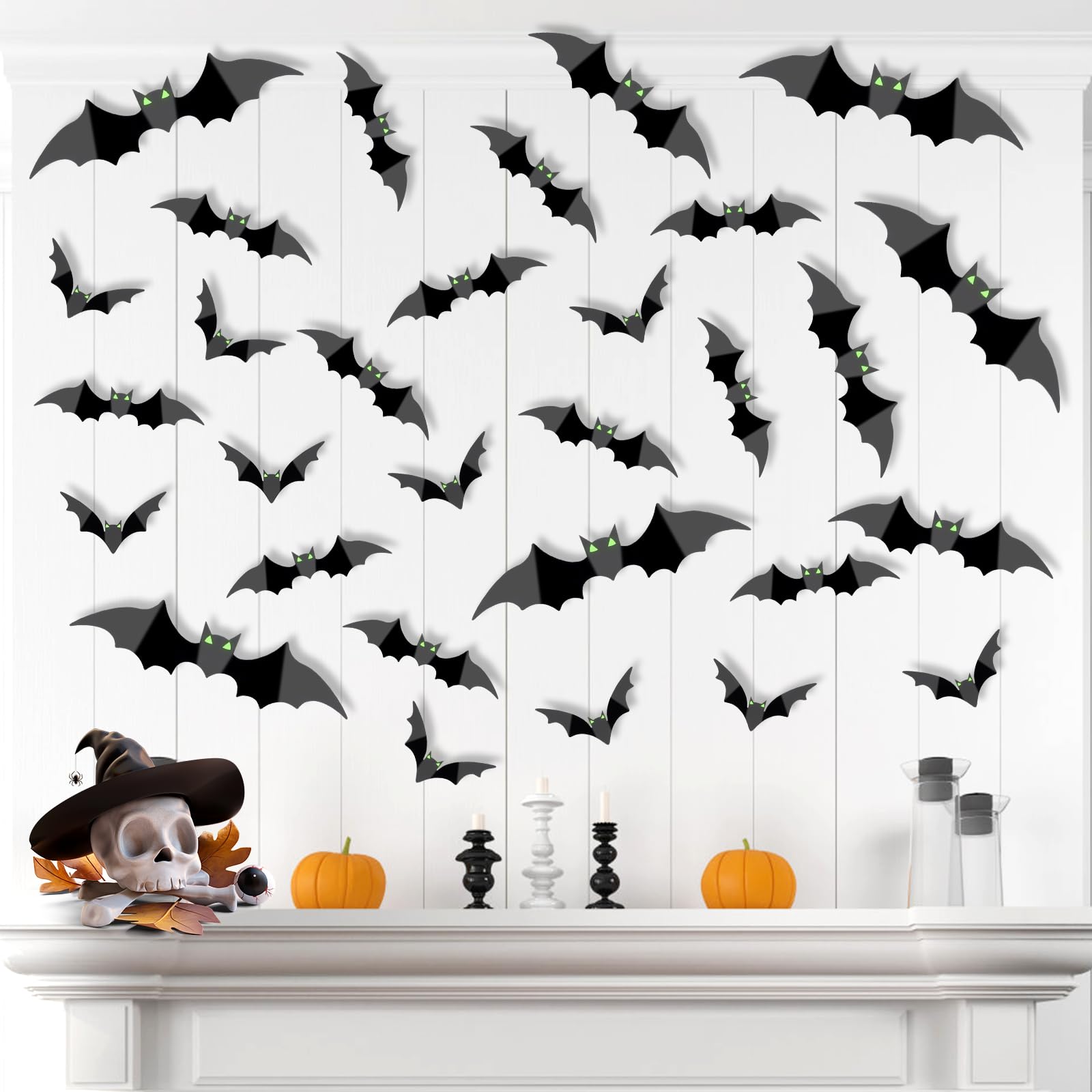 100PCS Halloween 3D Bats Wall Decoration 4 Different Sizes Bats with Glow Eyes PVC Scary DIY Realistic Black Bats Sticker for Ho