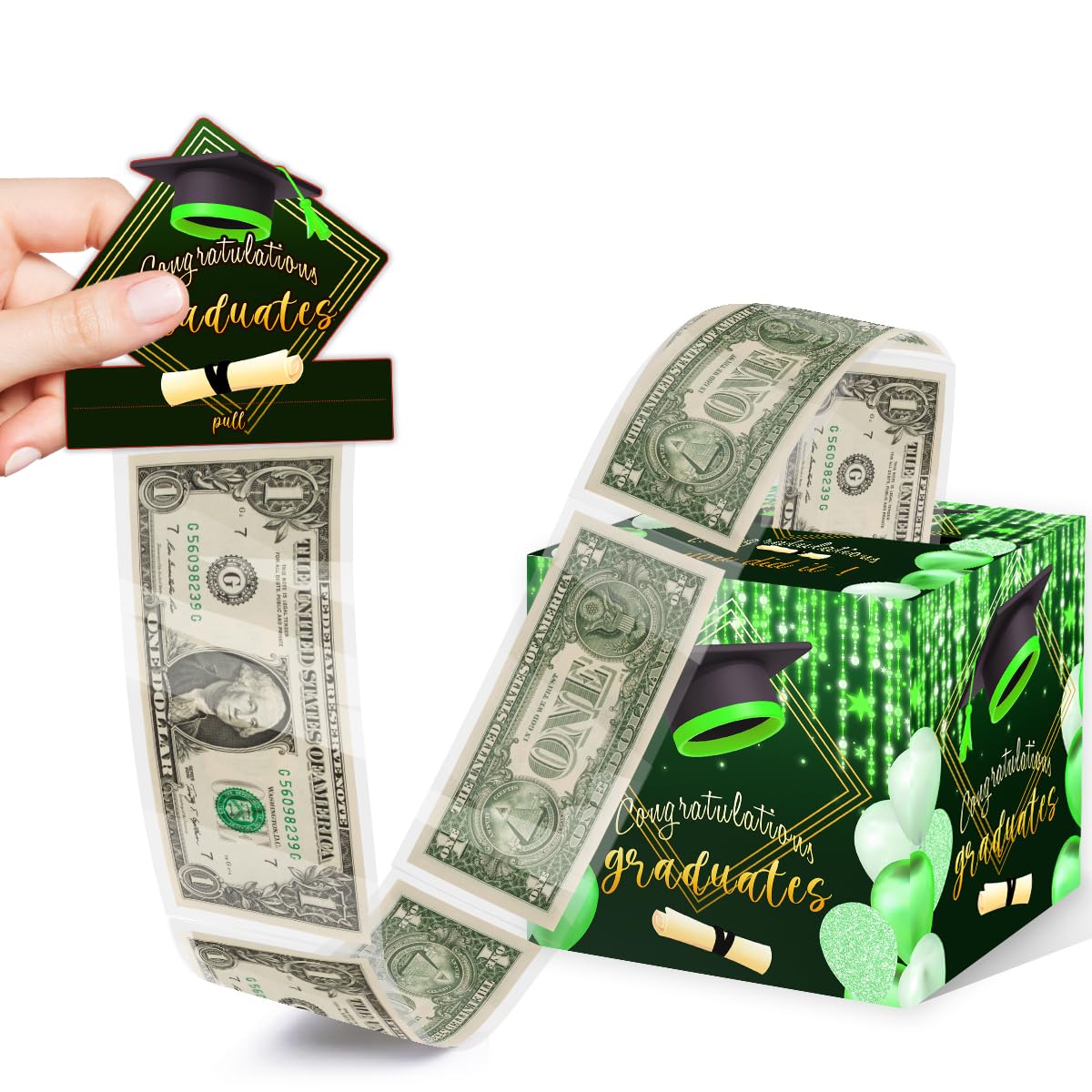 Sirjiera Graduation Surprise Money Box - Cash Gift Pull, Fun Party Decorations, Black & Green, 35PCS Plastic Bags