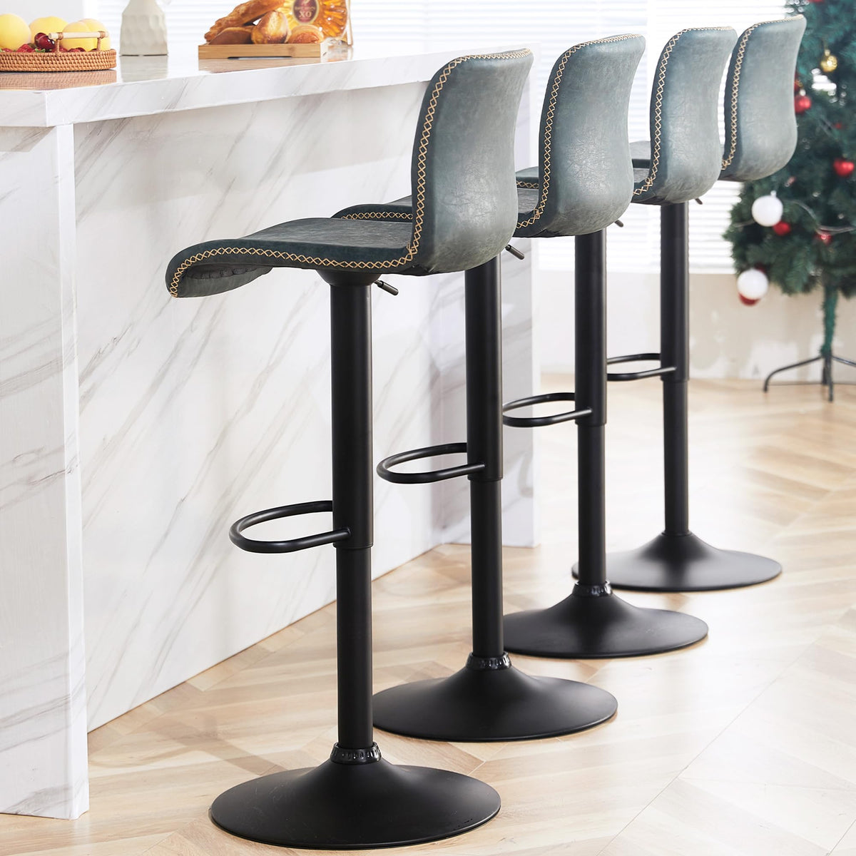 Heugah Swivel Bar Stools Set Of 4, Counter Height Bar Stools With Back, Adjustable Bar Stools 24' To 32', Deep Teal Faux Leather Bar Stools For Kitchen Island (Deep Teal, Set Of 4 (24'' To 32''))