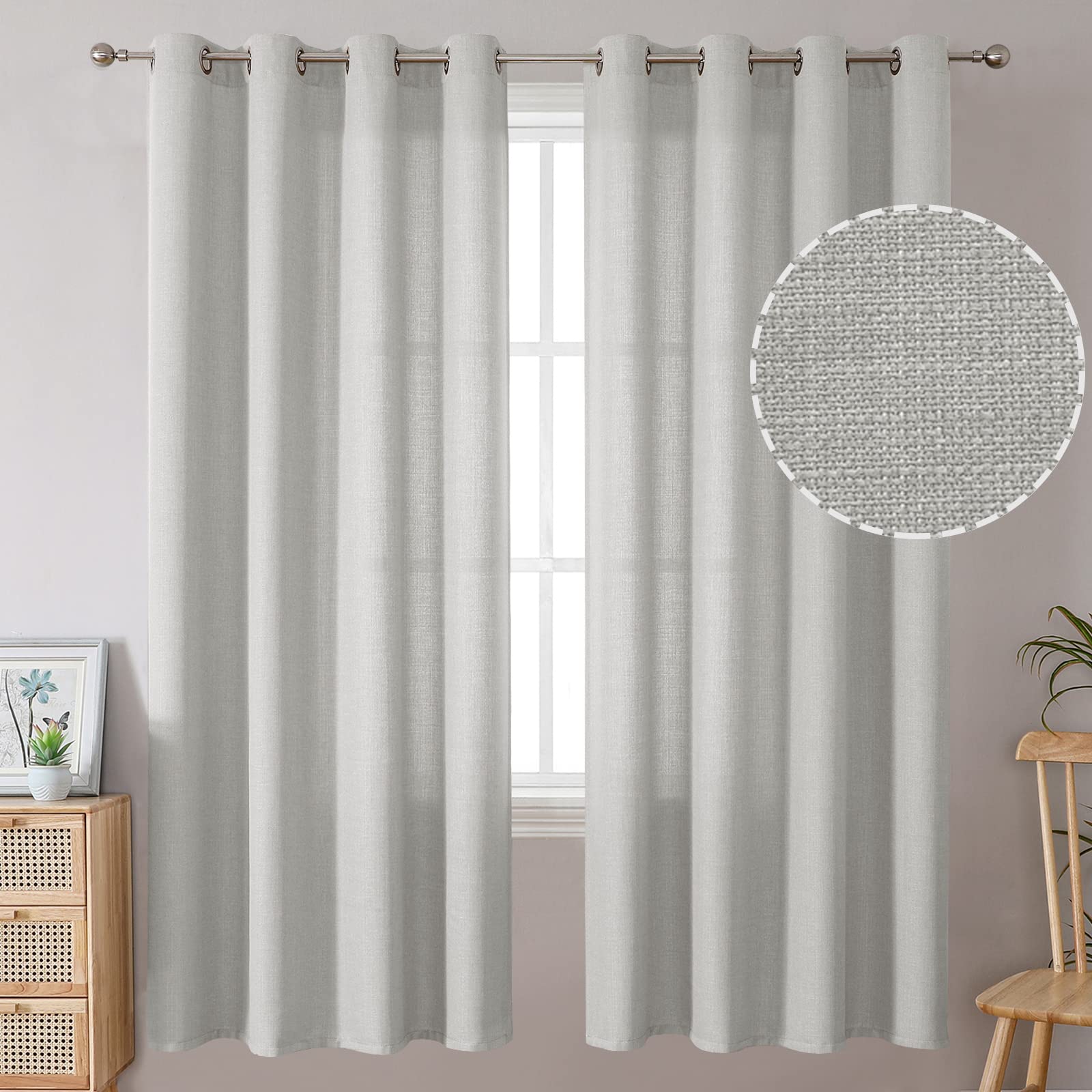 Bgment Natural Faux Linen Curtains For Bedroom, Grommet Thick Linen Semi Sheer Drapes Light Filtering Privacy Window Treatments Curtains For Living Room, Set Of 2 Panels, 52 X 72 Inch, Light Grey