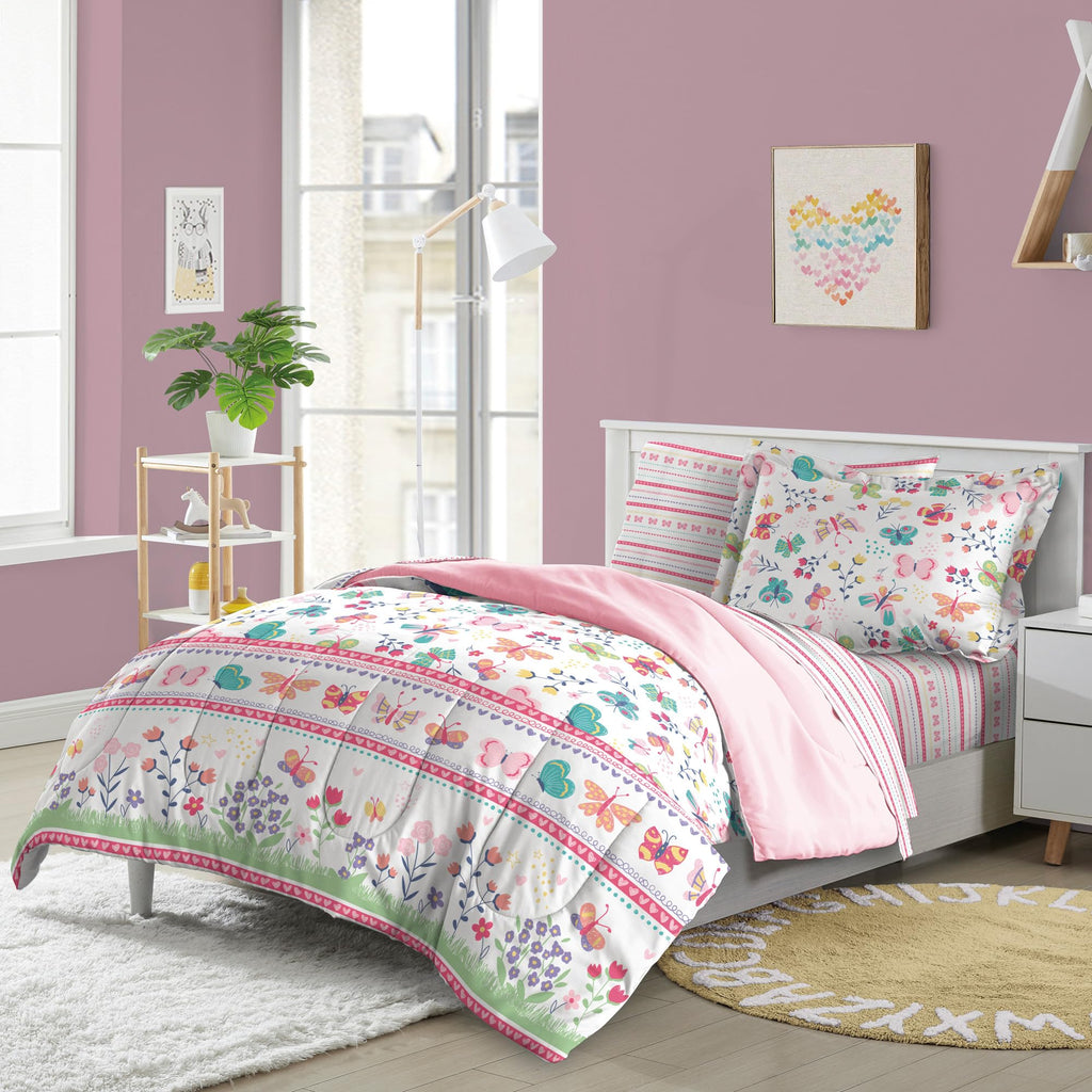 Dream Factory Kids Full Pink Butterfly Garden Microfiber Bedding Set 7-Piece