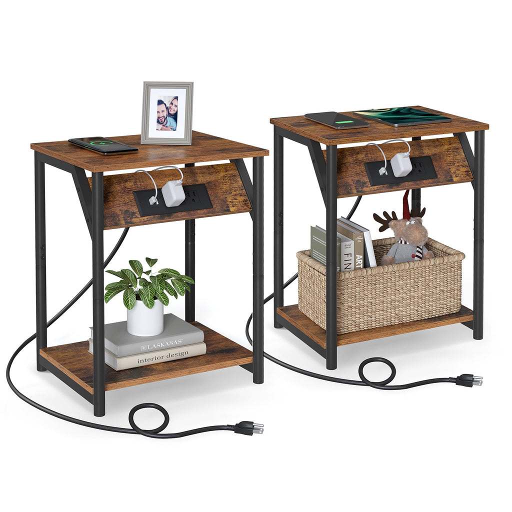 Vasagle End Table With Charging Station, Set Of 2, Small Side Tables For Living Room, Bedroom, Nightstand With Outlets And Usb Ports, Bedside Table With Storage Shelf, Rustic Brown And Black