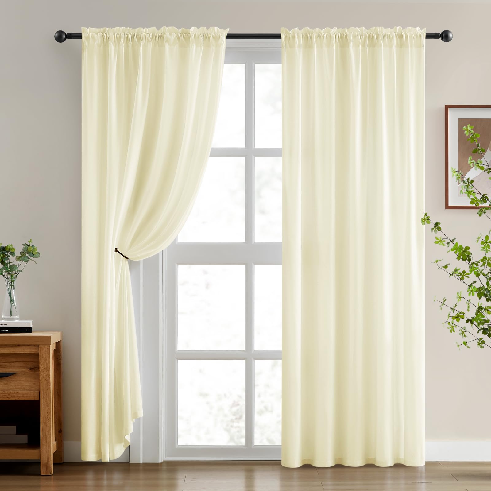 Homeideas Non-See-Through Cream Yellow Privacy Sheer Curtains 52 X 96 Inches Long 2 Panels Set, Fish Bone Pattern Semi Sheer Cur