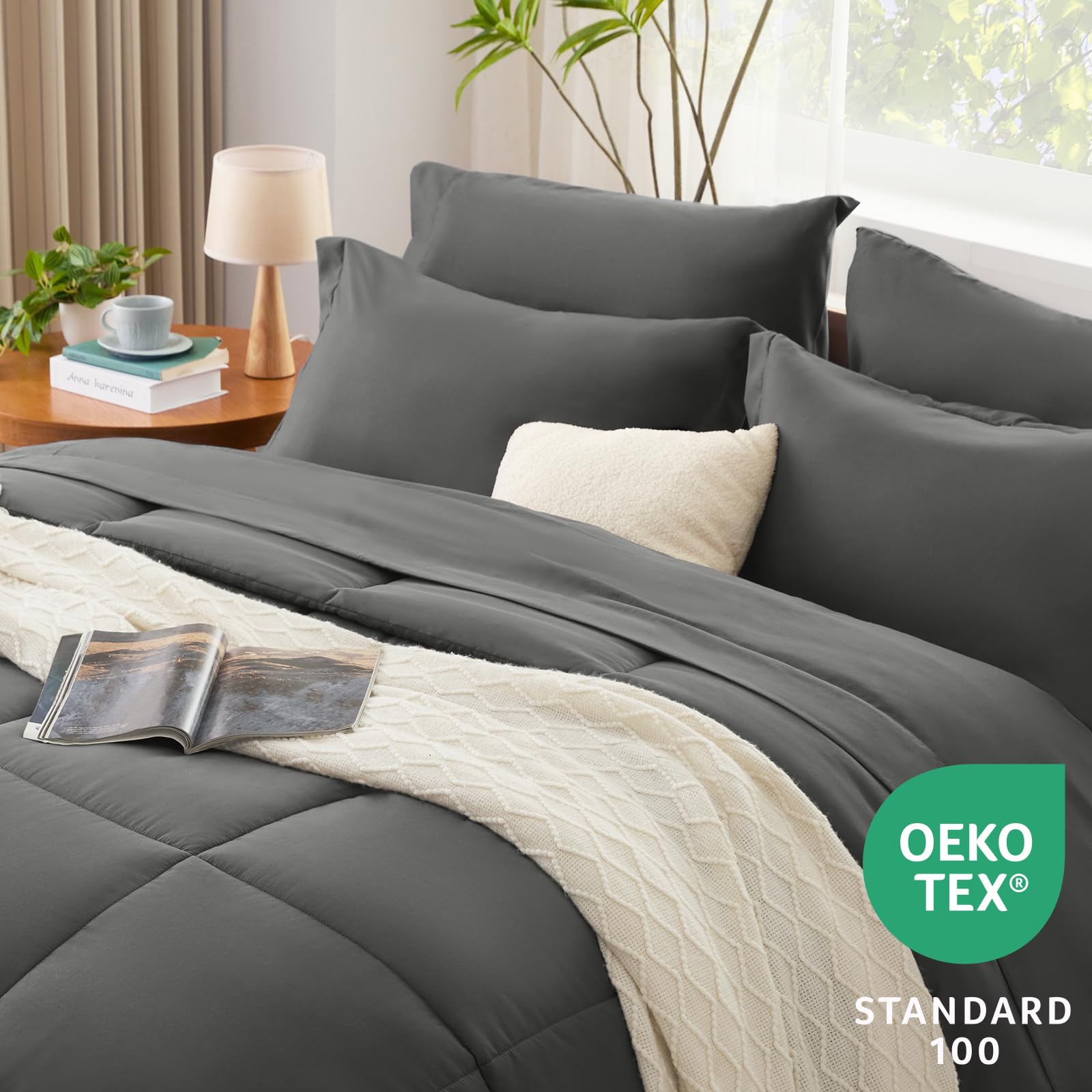 Cozylux Dark Grey Comforter Full Size 7 Pieces Bed In A Bag Set Dark Grey Comforter Set Bedding Sets Full For All Season With Comforter, Flat Sheet, Fitted Sheet, Pillowcases Dark Gray Full