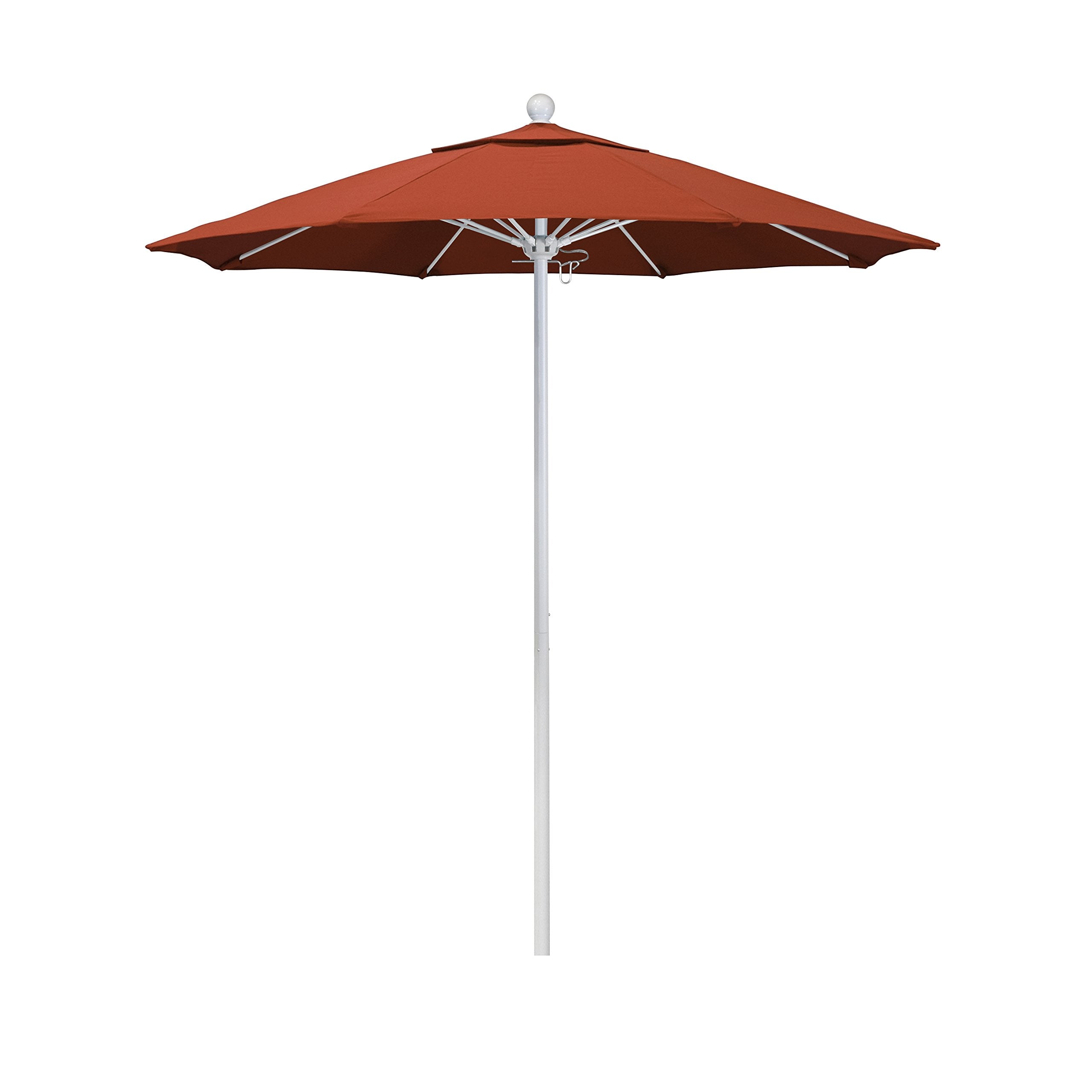 California Umbrella 7.5' Round Aluminum/Fiberglass Umbrella, Push Open, White Pole, Olefin Sunset Fabric