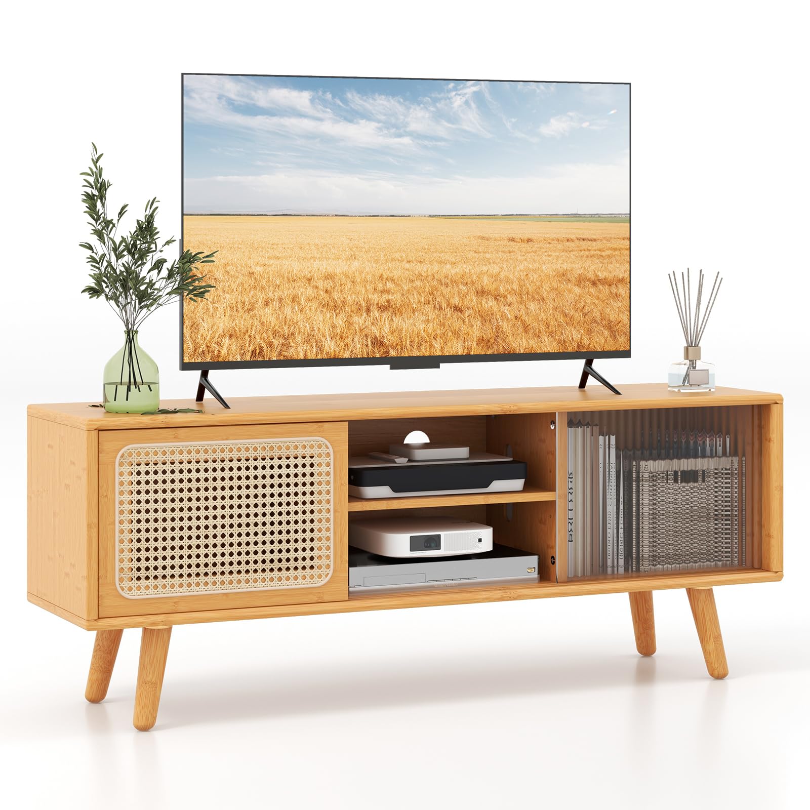 Giantex Tv Stand For Living Room Tvs Up To 55”- Bamboo Entertainment Center With 3-Level Adjustable Shelf, Cable Management Holes, Pe Rattan & Tempered Glass Sliding Door, Tv Cabinet For Bedroom