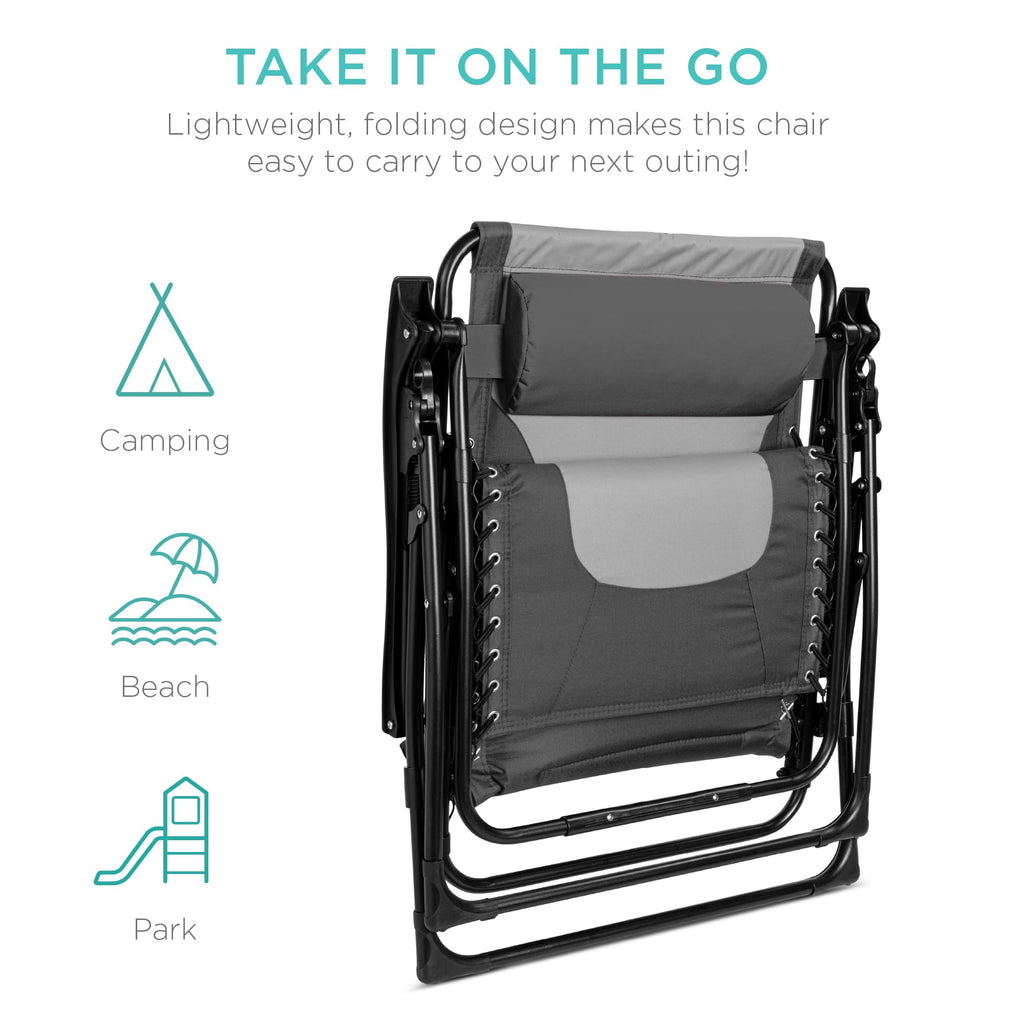 Best Choice Products Oversized Padded Zero Gravity Chair, Folding Outdoor Patio Recliner, Xl Anti Gravity Lounger For Backyard W/Headrest, Cup Holder, Side Tray, Polyester Mesh - Gray/Light Gray