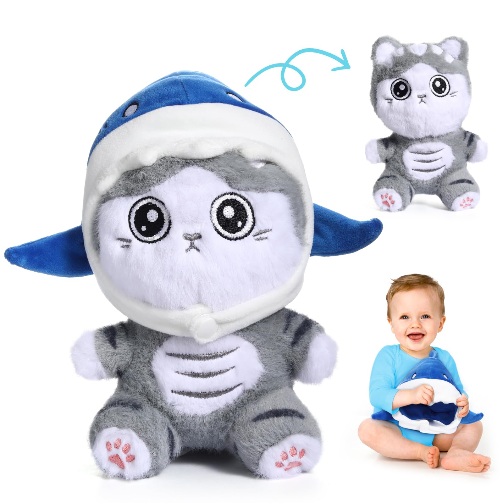 Emoin Shark Cat Plush Toy, 8'' Kawaii Cat Stuffed Animal Interactive Toy Kawaii Cat Shark Plushie Removing A Hat Can Turn Into