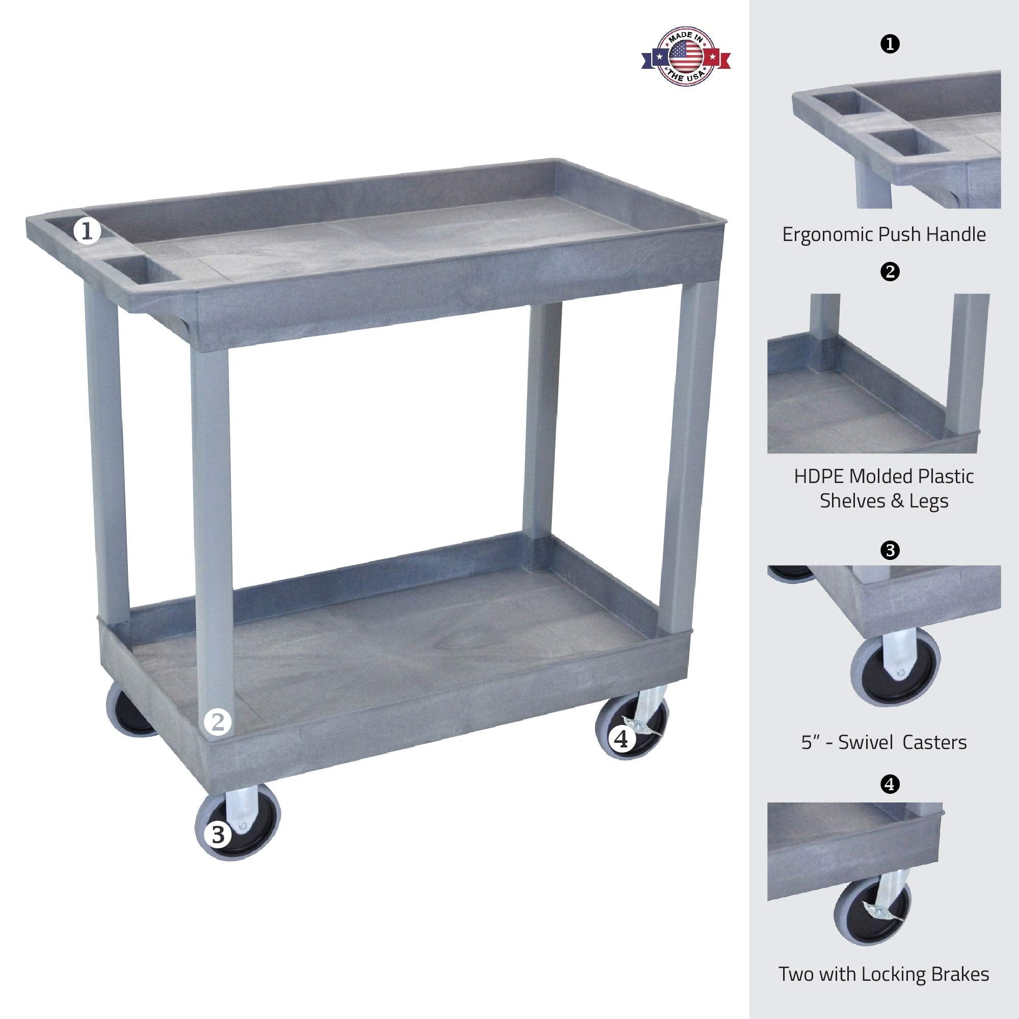 LUXOR EC11HD-G 32" x 18" Tub Cart - Two Shelves, Four 5" Heavy-Duty Casters, Two Stationary and Two Full-Swivel with Locking Brake, 125 lbs. Per Shelf, Ergonomic Push Handle