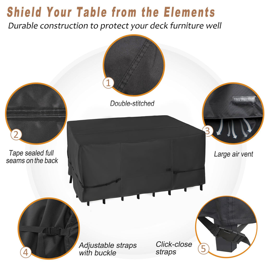 Nettypro Patio Table Cover Rectangular 105 X 75 Inch, Waterproof Outdoor Furniture Set Covers For Dining Table And Chair Rectangle, Black