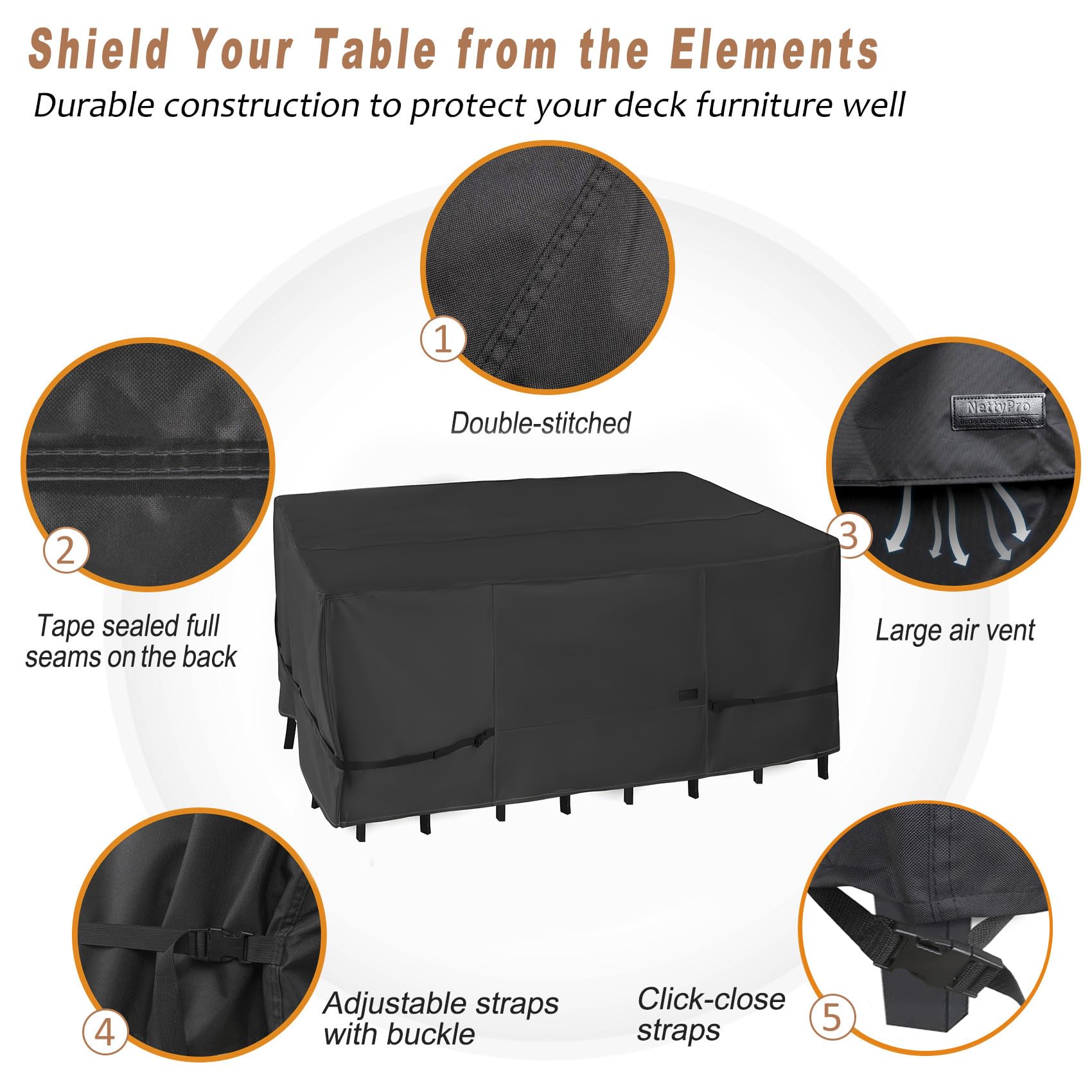 Nettypro Patio Table Cover Rectangular 105 X 75 Inch, Waterproof Outdoor Furniture Set Covers For Dining Table And Chair Rectangle, Black