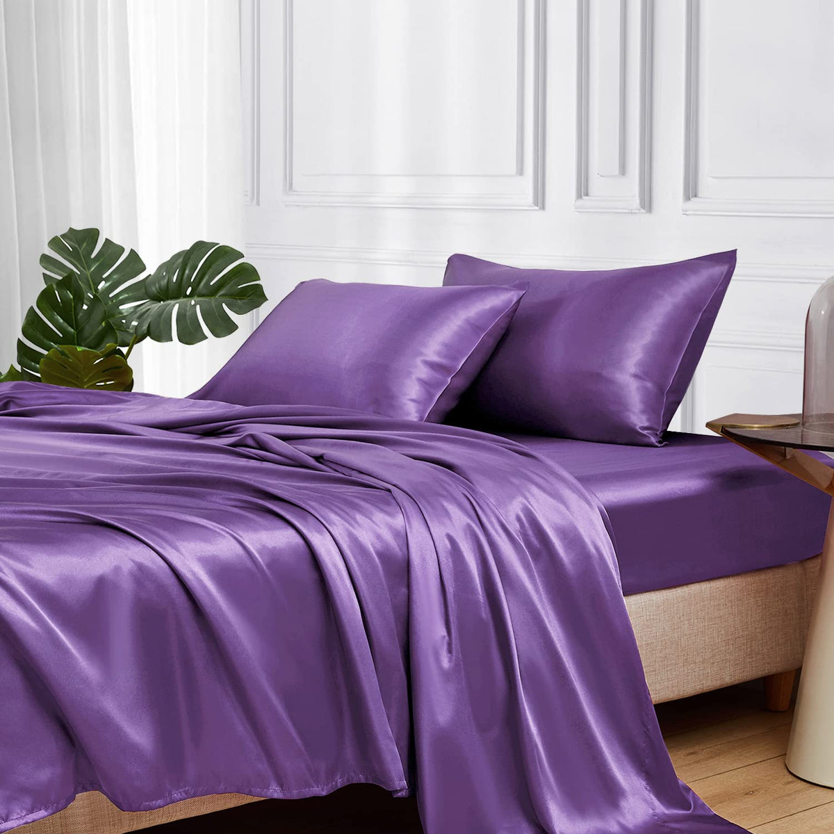 Mr&Hm Satin Bed Sheets, King Size Sheets Set, 4 Pcs Silky Bedding Set With 15 Inches Deep Pocket For Mattress (King, Lavender)