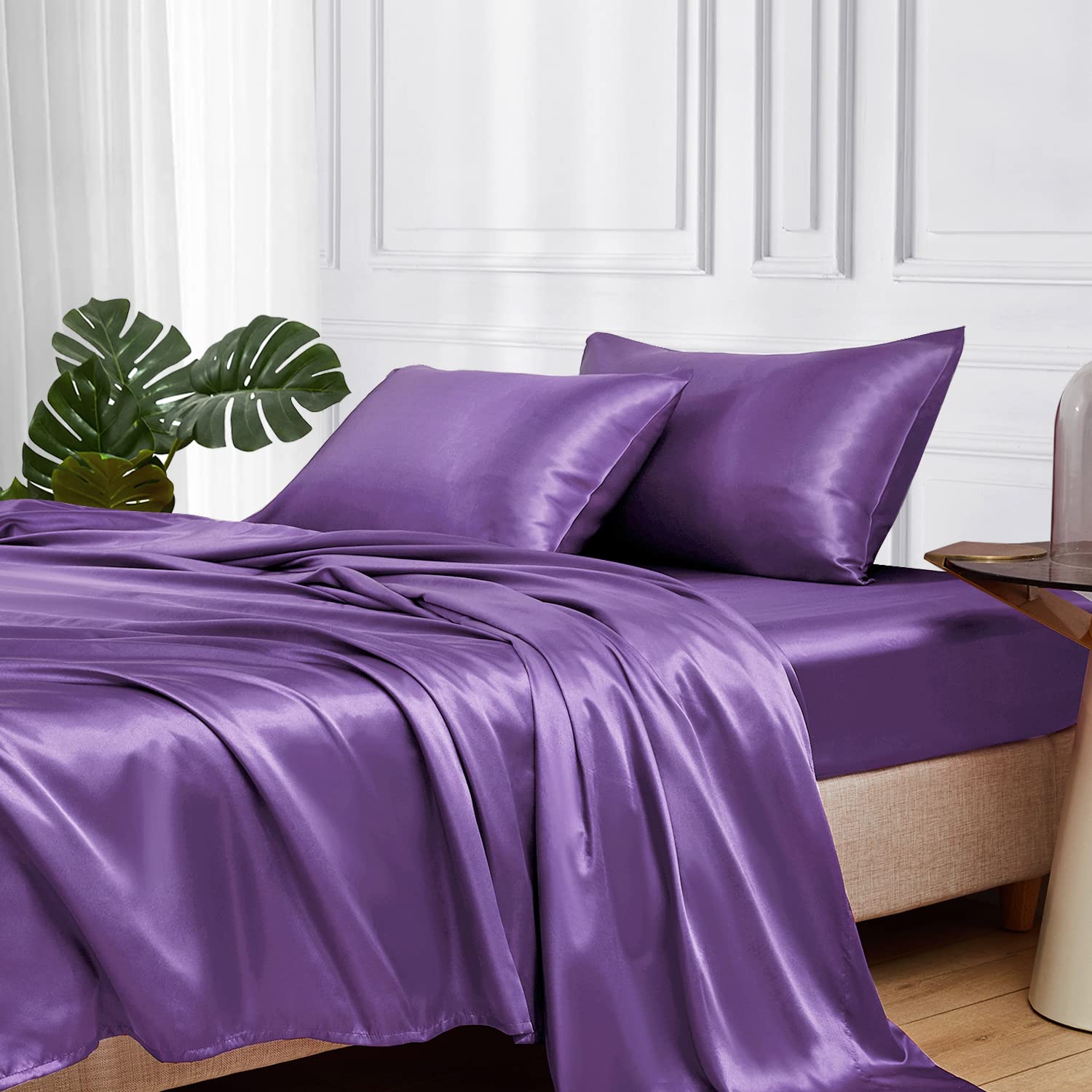 Mr&Hm Satin Bed Sheets, Twin Xl Size Sheets Set, 3 Pcs Silky Bedding Set With 15 Inches Deep Pocket For Mattress(Twin Xl, Lavend