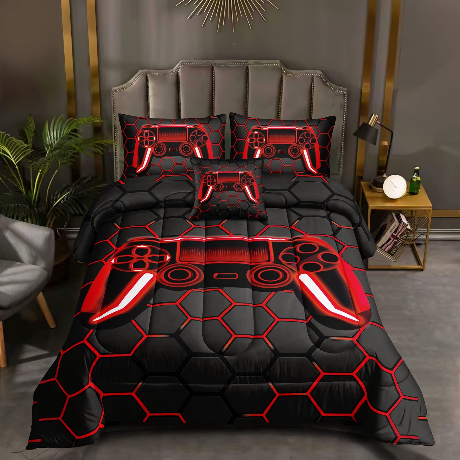 Rowadalo 6 Pieces Gaming Bedding Set For Boys Gamer Comforter Set Full Size,Game Controller Comforter For Boys Kids Adult 3D Gam